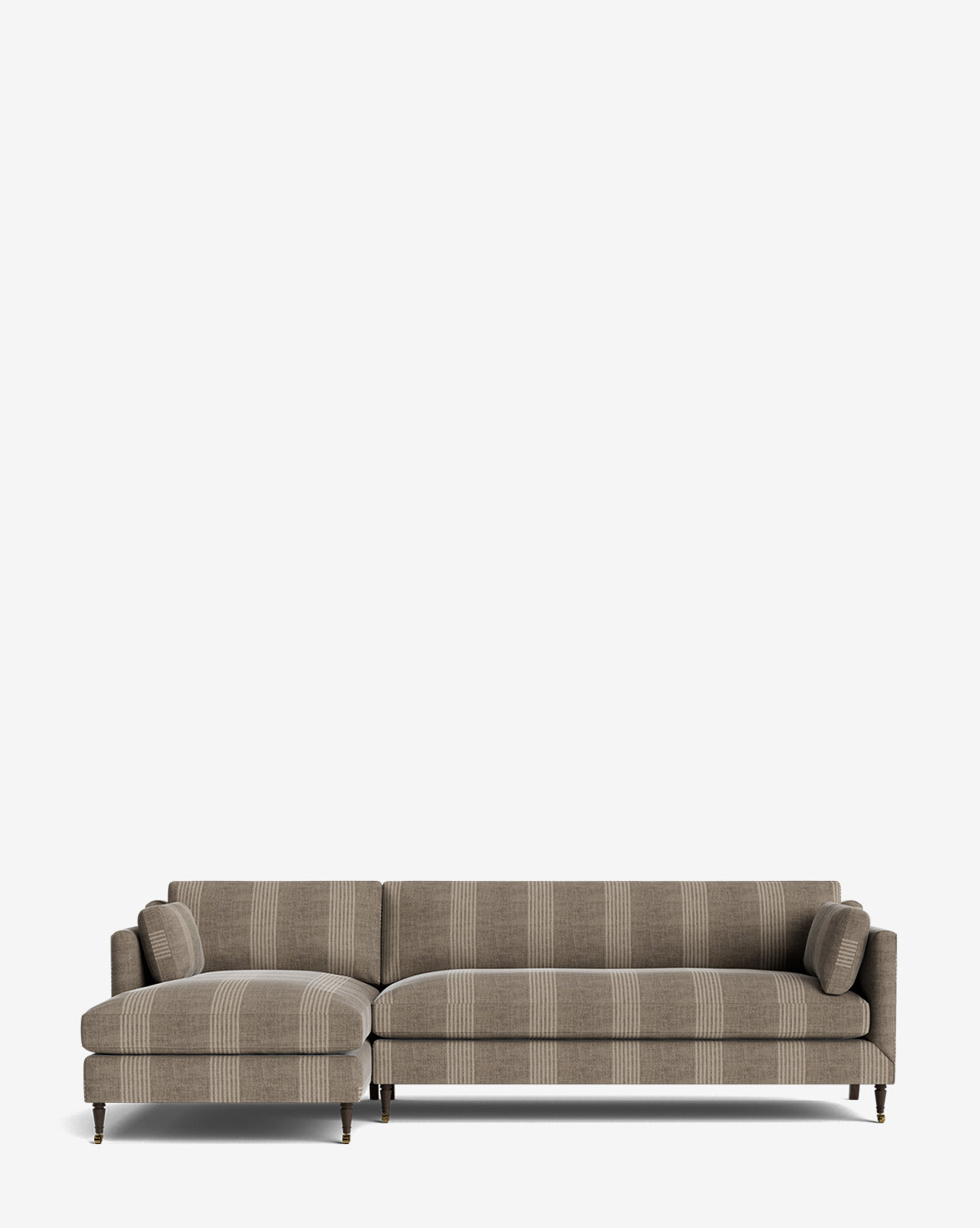 The Haverford Upholstered Left Chaise Sectional by Rowe Fine Furniture features brown fabric with beige stripes and includes two matching cylindrical cushions, set against a plain white background. McGee & Co.