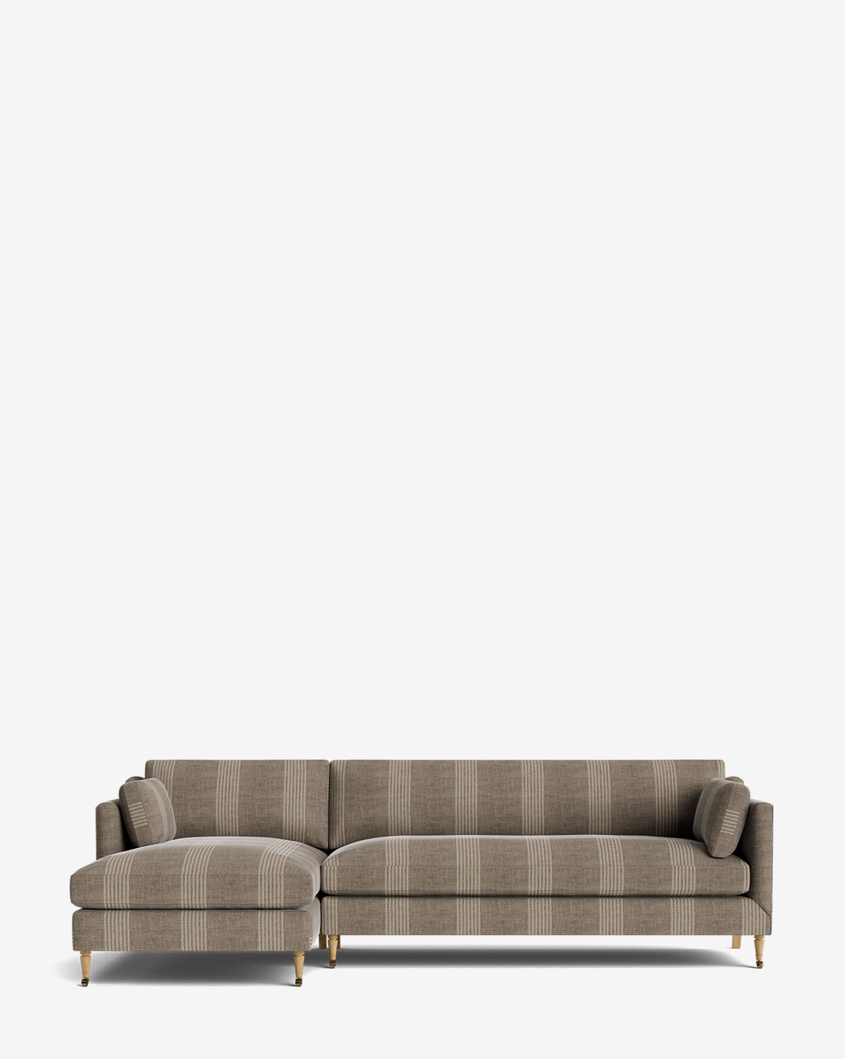 The Haverford Upholstered Left Chaise Sectional 113 is a modern L-shaped sofa with brown and beige vertical stripes, two matching cylindrical cushions, and gold-accented legs, displayed on a plain white background by McGee & Co.