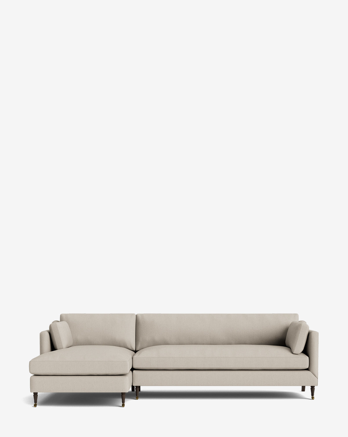 The Haverford Upholstered Left Chaise Sectional features a modern design in light gray with slim black legs and two cylindrical pillows, showcased against a plain white background by McGee & Co.