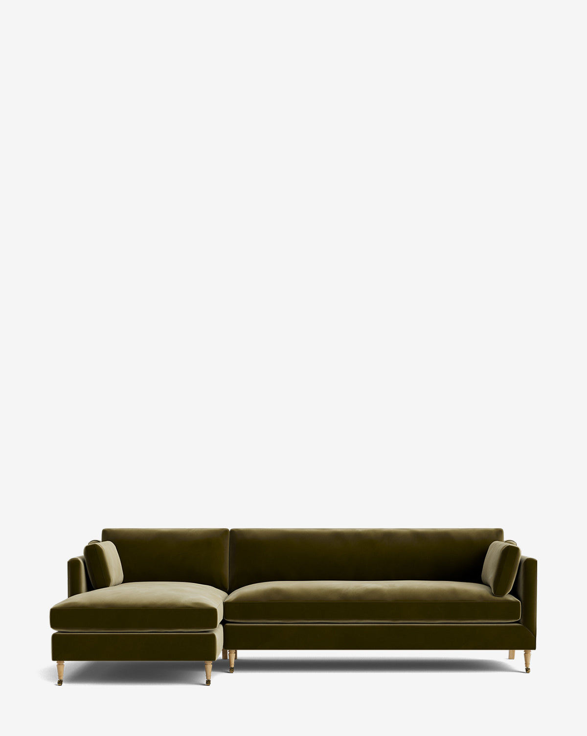 The Haverford Upholstered Left Chaise Sectional 113 is a modern olive green velvet sofa with gold legs, left-facing chaise lounge, and two cylindrical pillows, shown against a plain white background by McGee & Co.