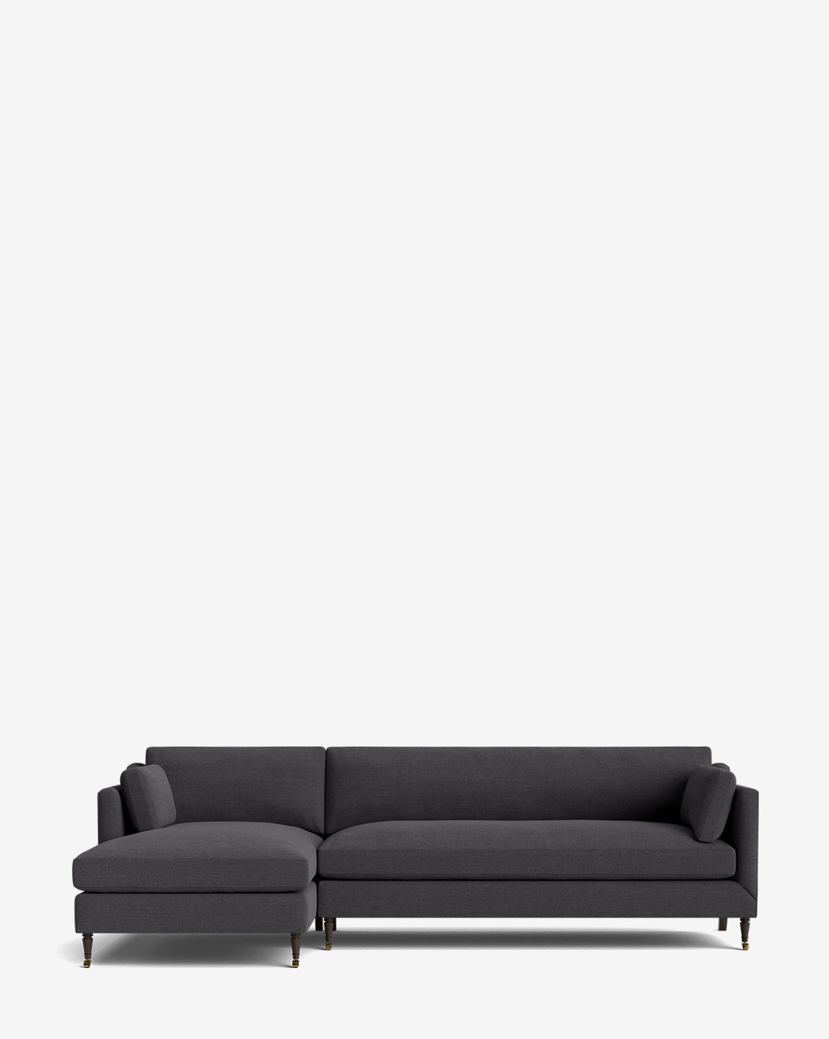 The Rowe Fine Furniture Haverford Upholstered Left Chaise Sectional features a modern dark gray design with clean lines and metal legs, shown against a plain white background. McGee & Co.