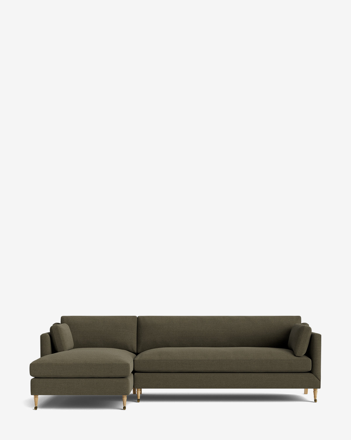 The Haverford Upholstered Left Chaise Sectional by Rowe Fine Furniture features modern olive green upholstery, gold-capped legs, and two matching cylindrical cushions, shown against a plain white background. McGee & Co.