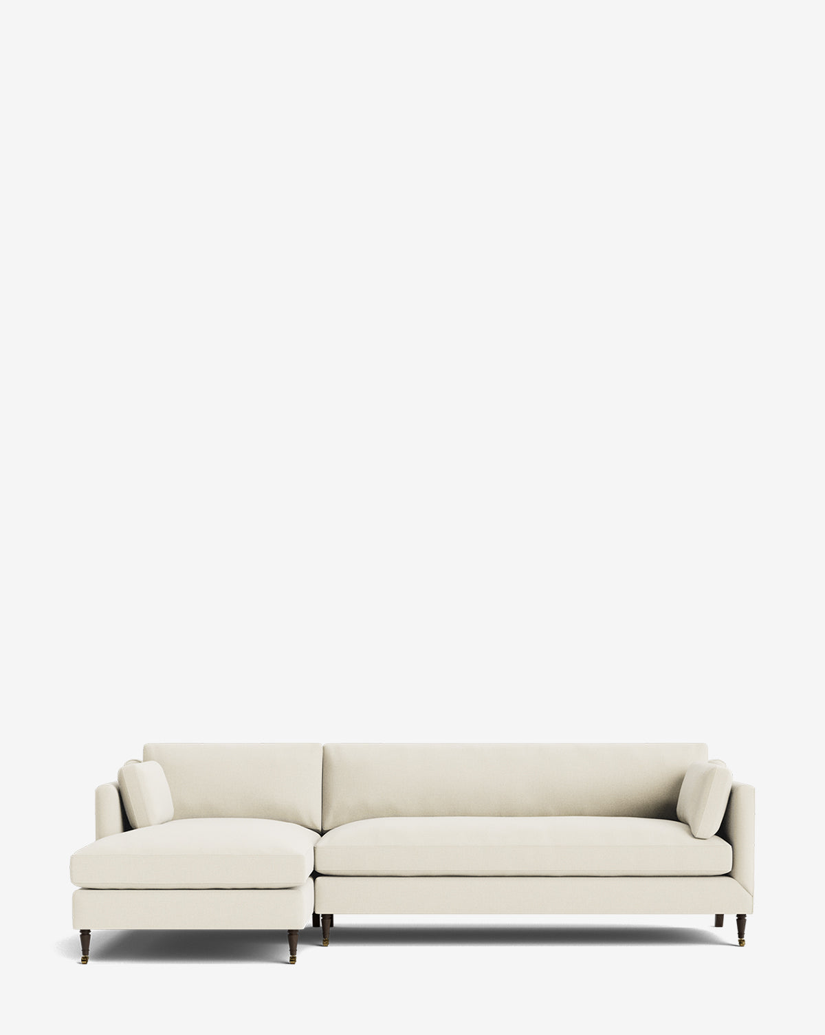 The Rowe Fine Furniture Haverford Upholstered Left Chaise Sectional features a modern, light beige design with slim armrests, two side cushions, and dark wooden legs—perfect for adding comfort and style to any space. McGee & Co.