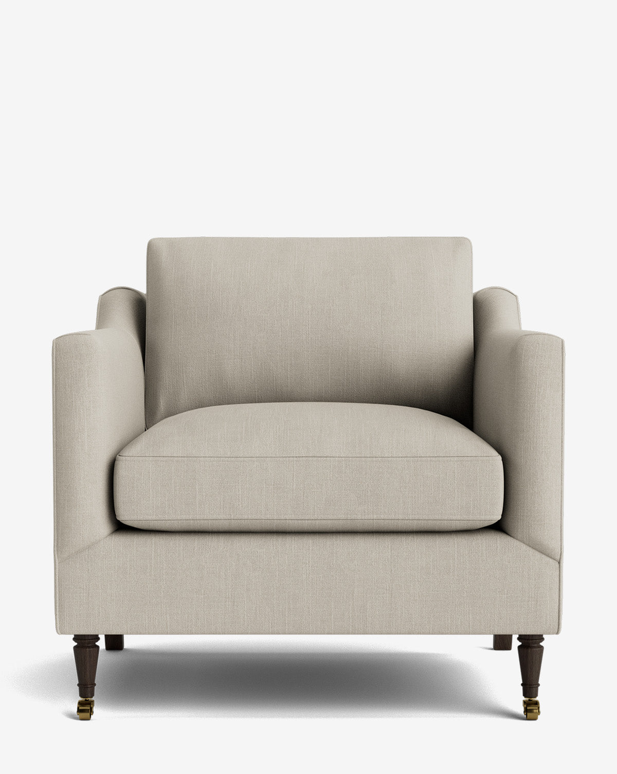 The Haverford Upholstered Lounge Chair features a modern design with light beige fabric, square arms, a thick seat cushion, and dark wooden legs, shown against a plain white background by McGee & Co.