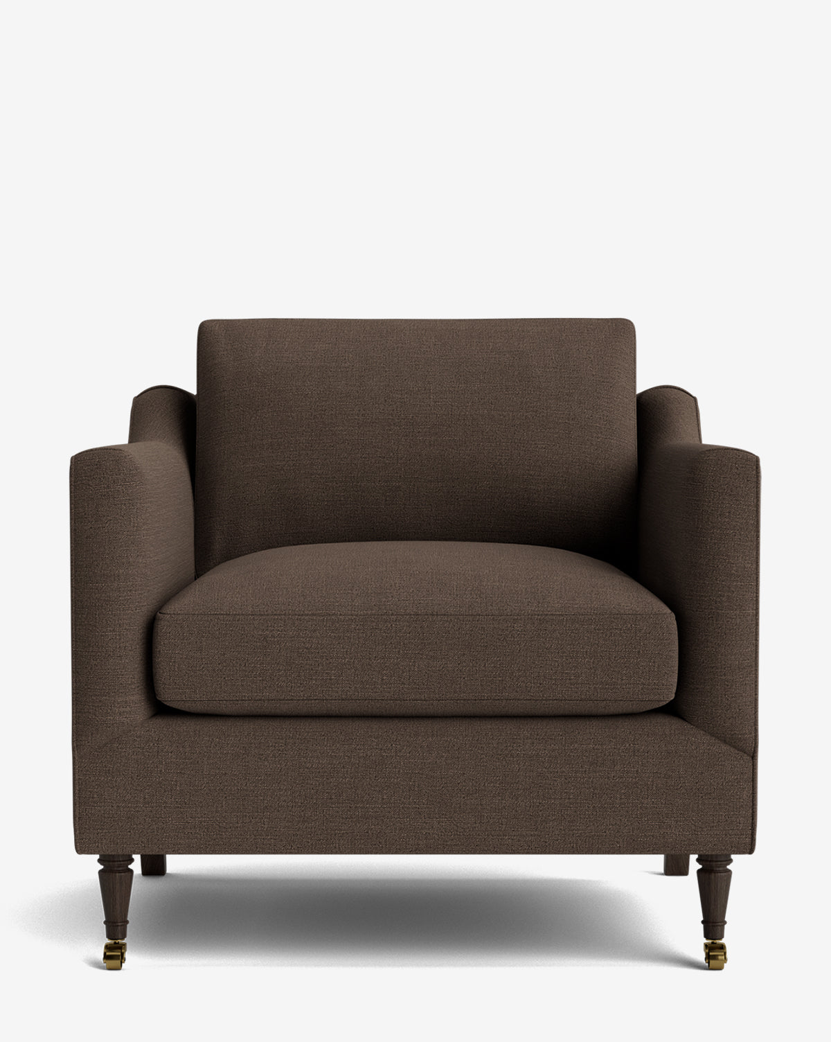 The Haverford Upholstered Lounge Chair features brown upholstery, square arms, a plush seat cushion, and dark wooden legs with brass castor wheels, displayed against a white background, by McGee & Co.