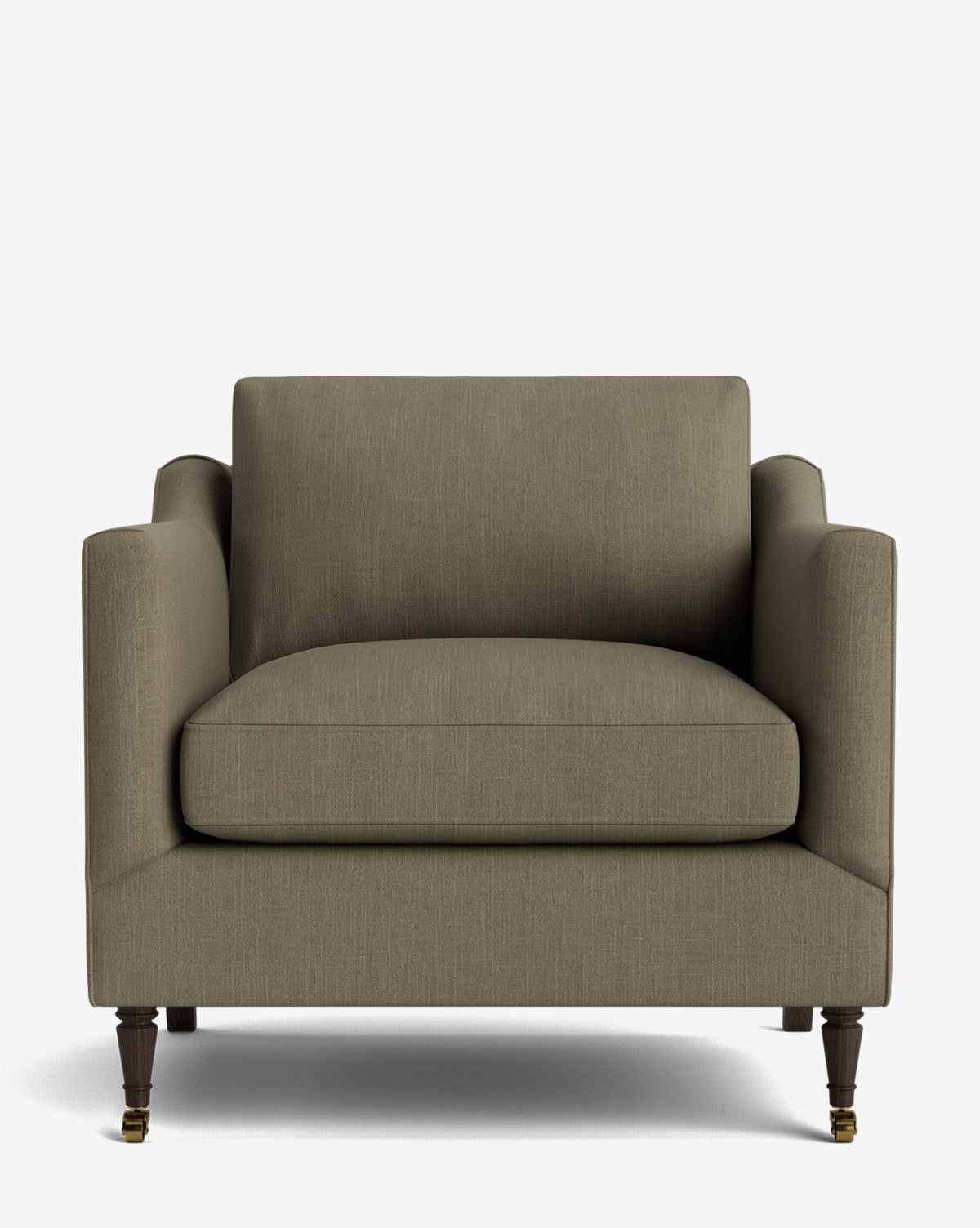 The Haverford Upholstered Lounge Chair features a modern taupe design with straight arms, a wide seat cushion, and short wooden legs with brass casters, shown on a plain white background by McGee & Co.