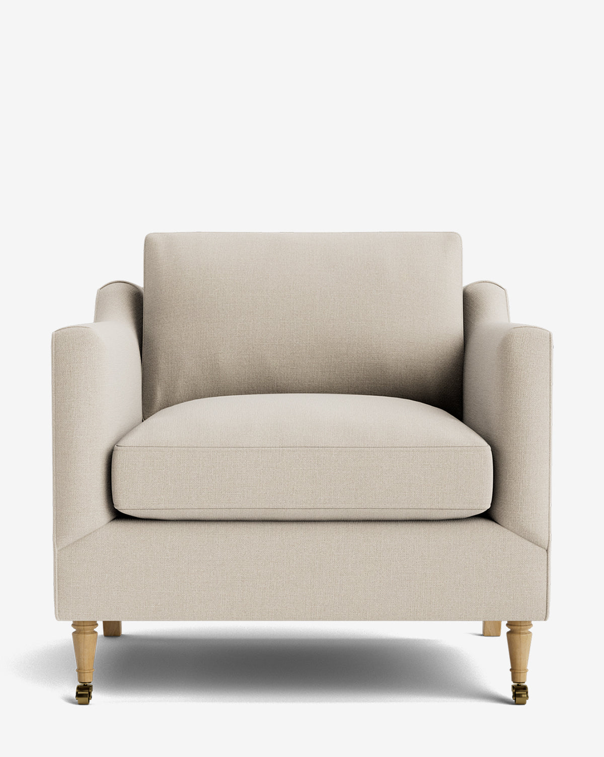 The Haverford Upholstered Lounge Chair features beige upholstery, straight arms, a plush seat cushion, and wooden legs—two with brass casters—delivering comfort and style against a plain white background by McGee & Co.