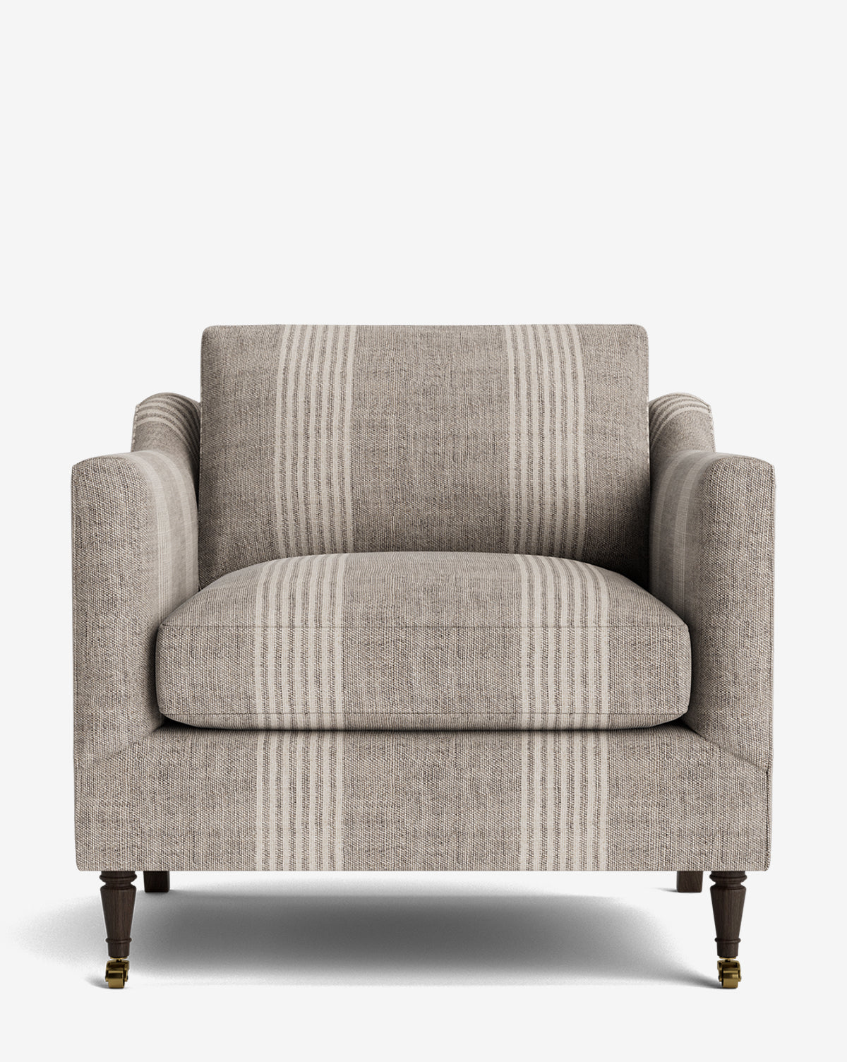 The Haverford Upholstered Lounge Chair features handcrafted beige and cream vertical stripes, slim armrests, and wooden legs with brass casters on the front, by McGee & Co.
