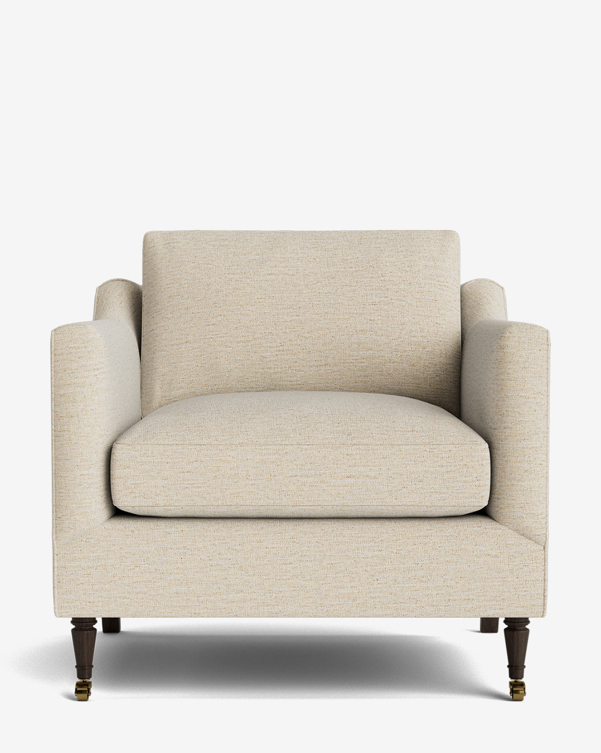 A front-facing view of the Haverford Upholstered Lounge Chair, featuring modern beige upholstery, wide arms, a plush seat cushion, and dark wooden legs with small brass casters, set against a plain white background by McGee & Co.