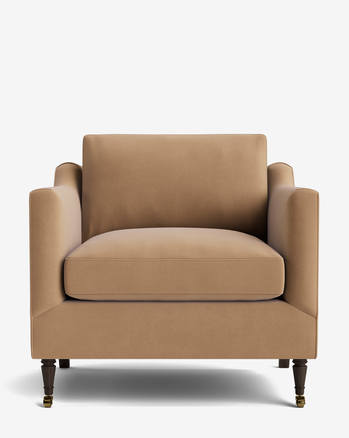 The Haverford Upholstered Lounge Chair features a modern tan design with square arms, a wide cushioned seat, and dark wooden legs with brass castors, shown against a plain white background by McGee & Co.