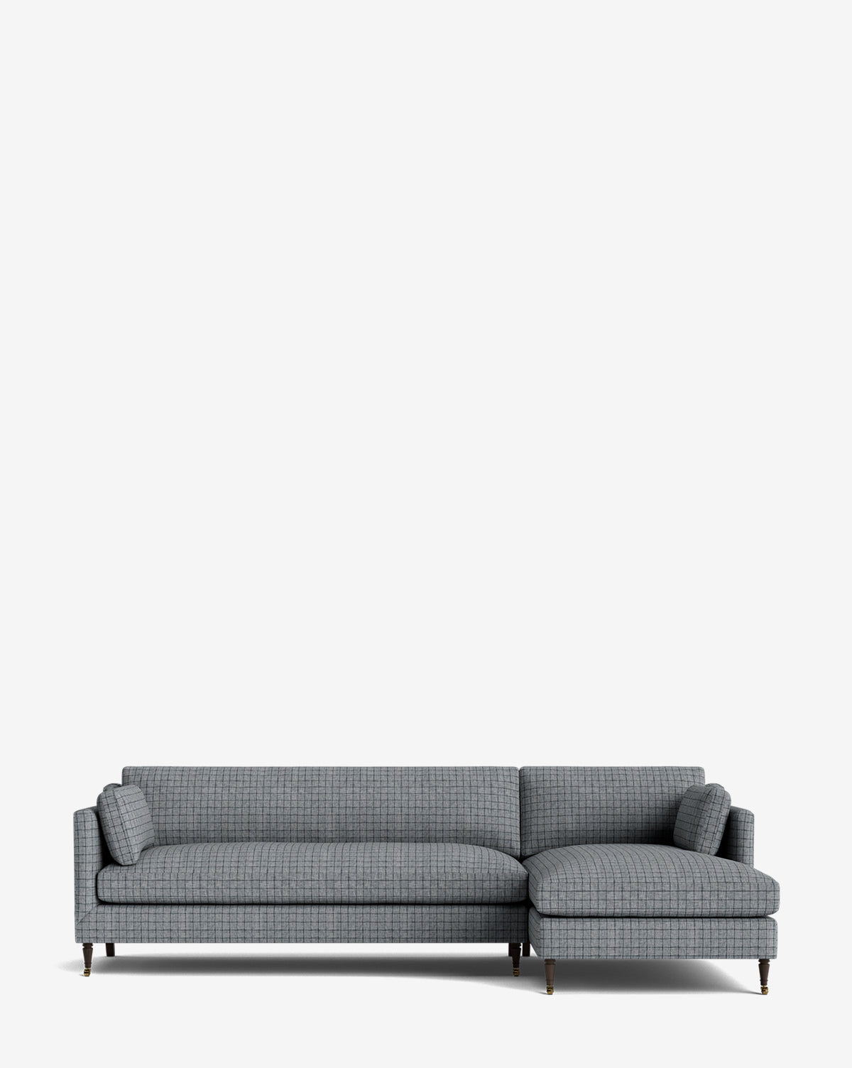 The Haverford Upholstered Right Chaise Sectional 113 features modern gray, subtly checkered upholstery and slim dark legs with brass accents, adding customizable style to any space, by McGee & Co. Shown against a plain white background.