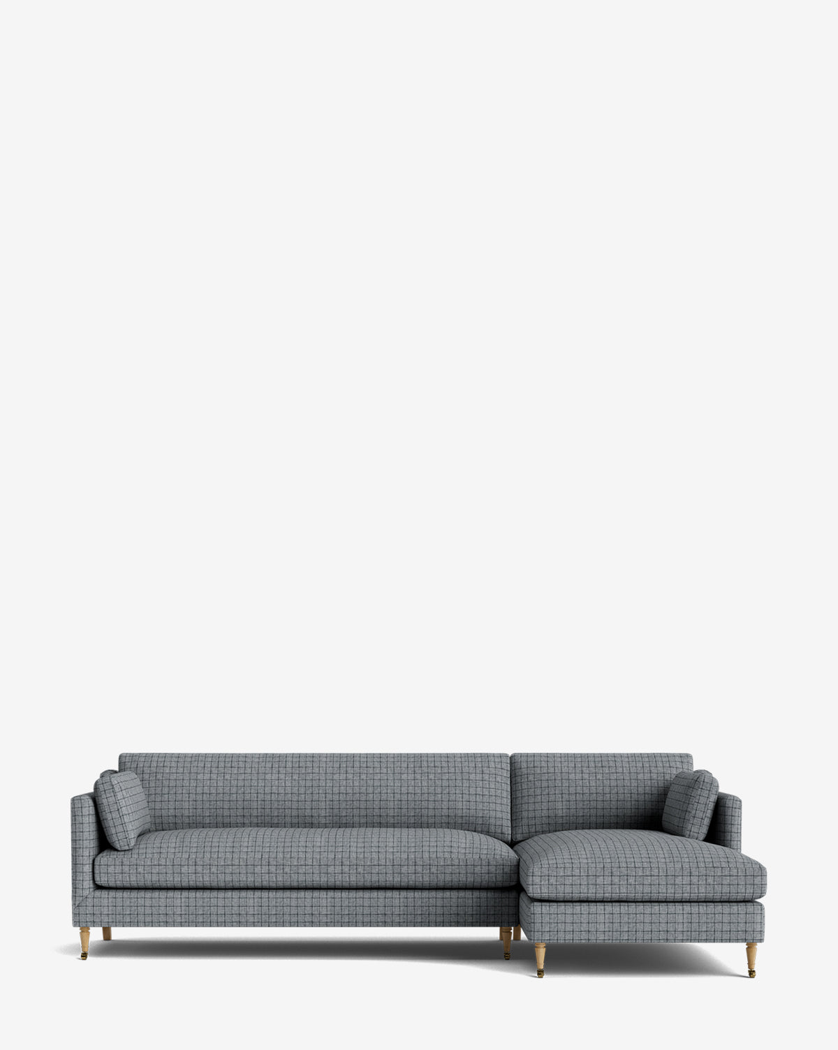The Haverford Upholstered Right Chaise Sectional 113 comes in gray checkered fabric with two matching cylindrical cushions and slim wooden legs, offering a customizable option, shown here on a plain white background by McGee & Co.