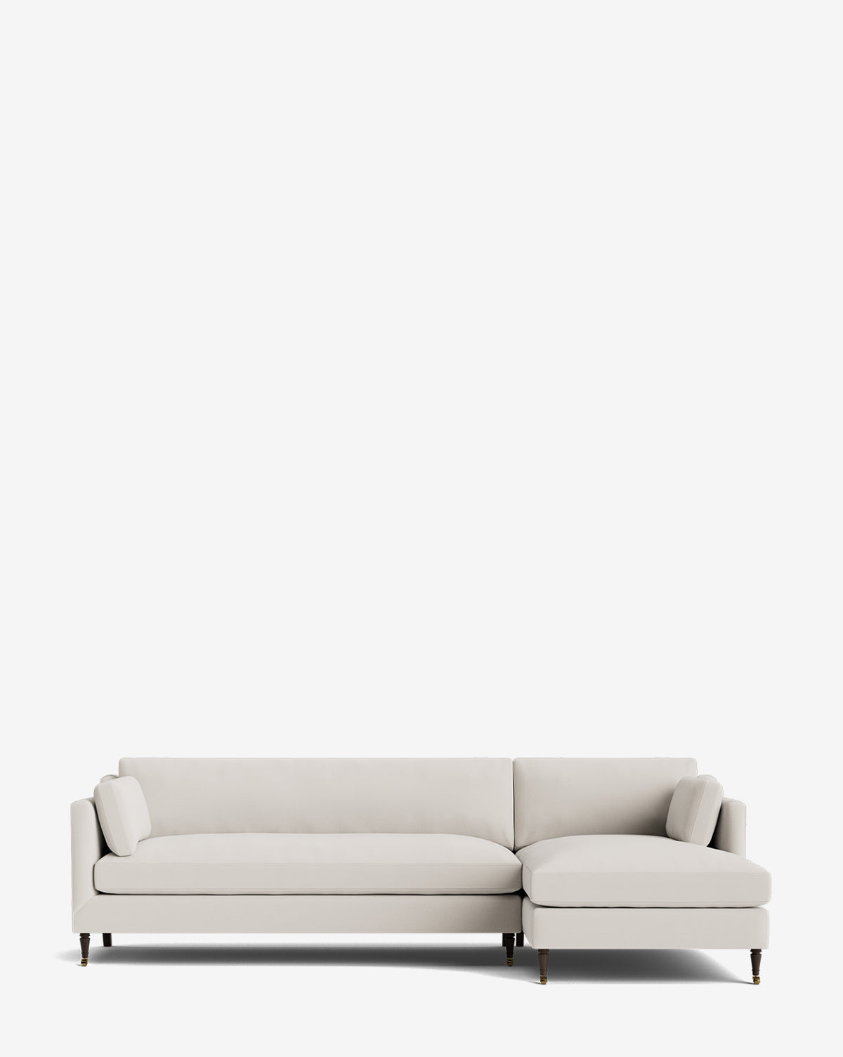 The Haverford Upholstered Right Chaise Sectional by Rowe Fine Furniture features a modern design in light beige with clean lines, slender dark legs, and a right-facing chaise lounge, shown against a plain white background. McGee & Co.