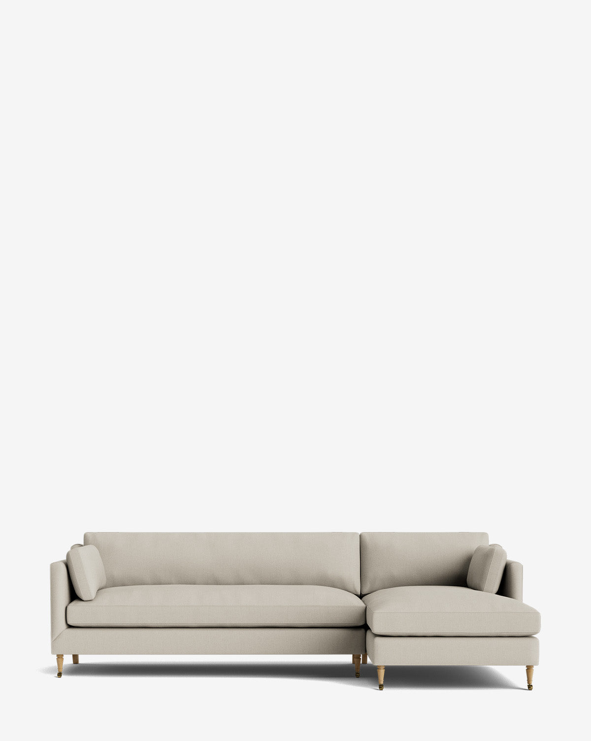 The Haverford Upholstered Right Chaise Sectional 113 features a light beige modern design with wooden legs, a right-facing chaise, and is fully customizable—perfect for any contemporary space, by McGee & Co. Set against a plain white background.