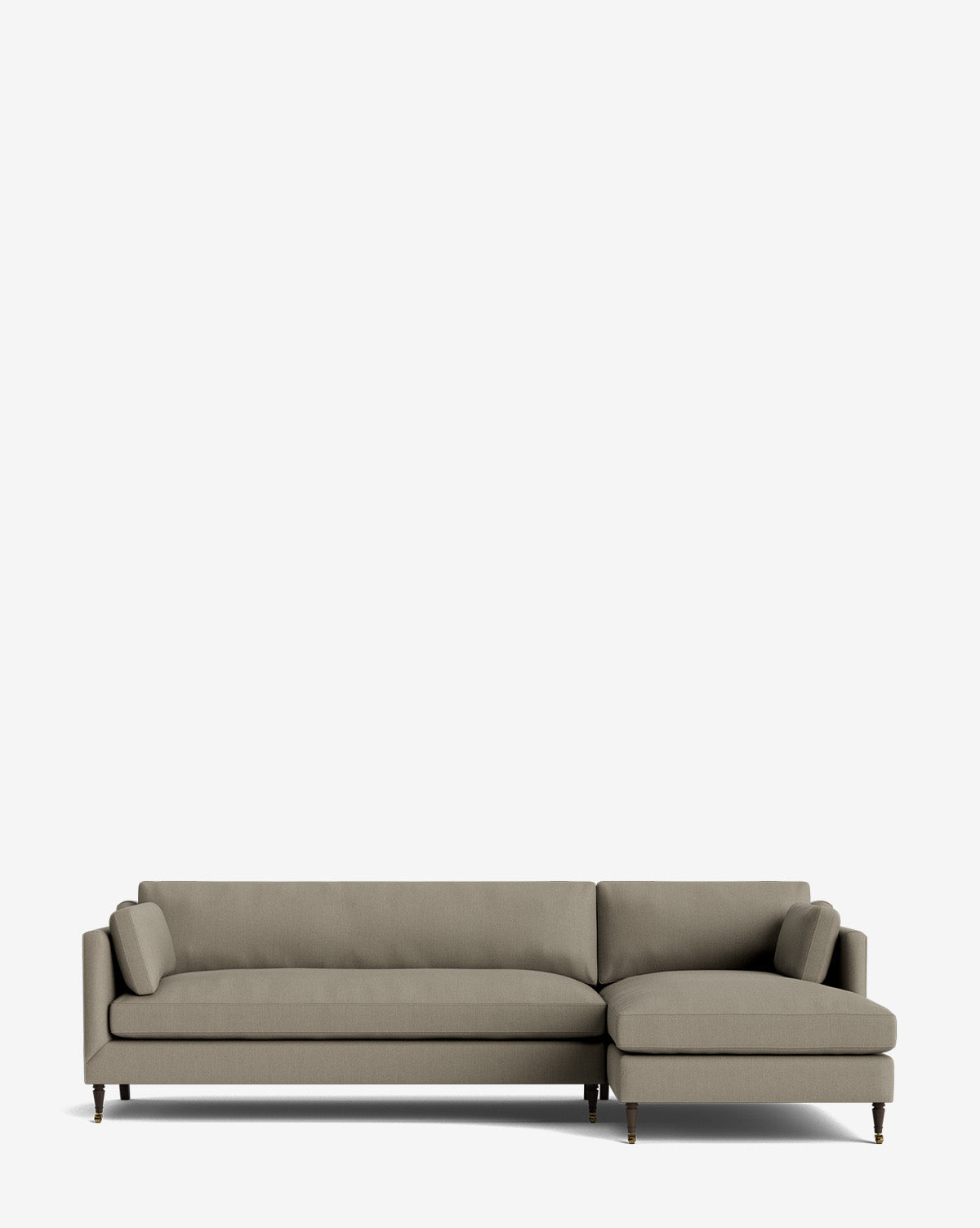 The Haverford Upholstered Right Chaise Sectional features modern light gray fabric, low arms, and wooden legs. Its right-side chaise design makes it perfect for any space and is shown here against a plain white background by McGee & Co.