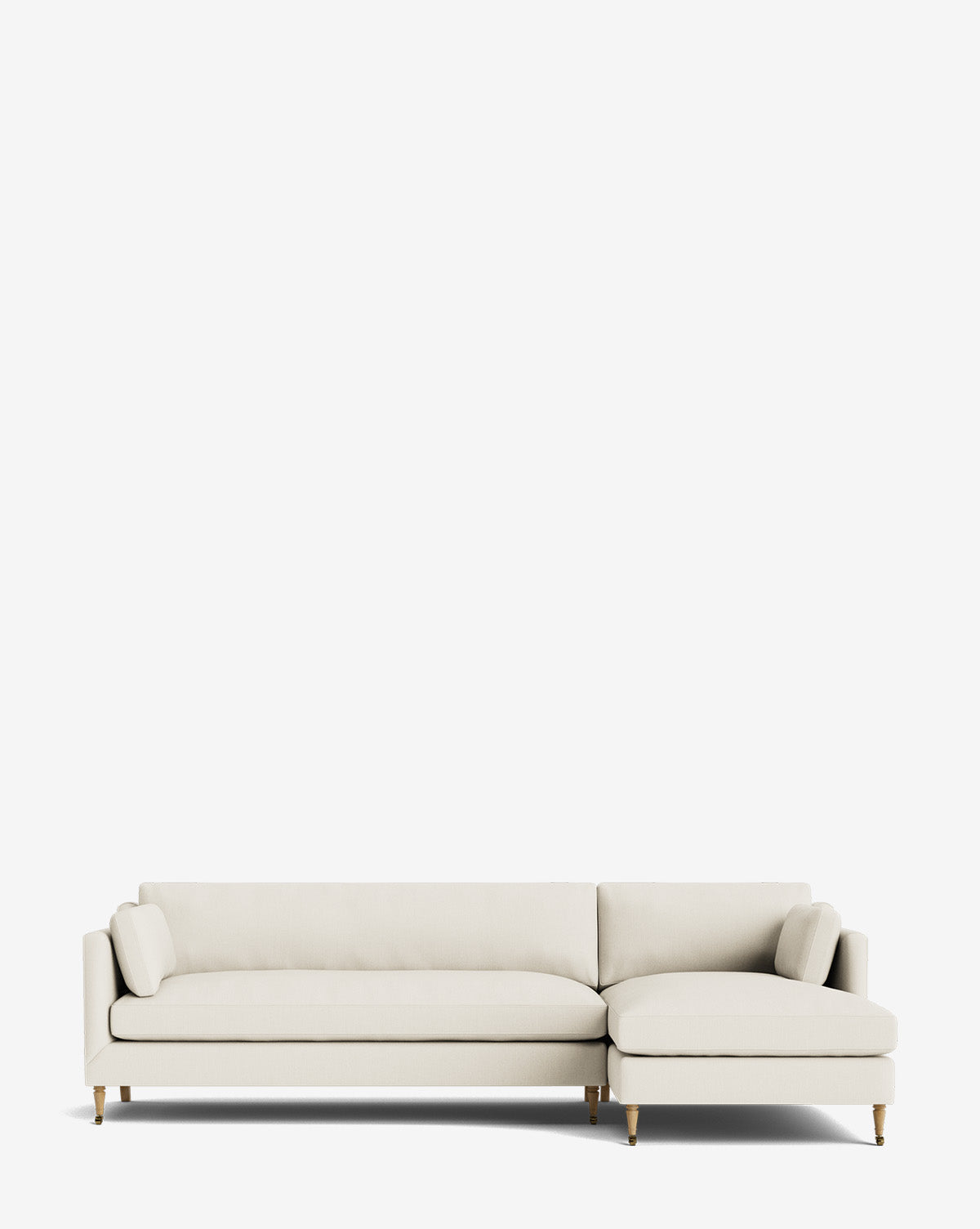 The Haverford Upholstered Right Chaise Sectional features a modern cream design, wooden legs, and customizable options, shown here on a plain white background, by McGee & Co.