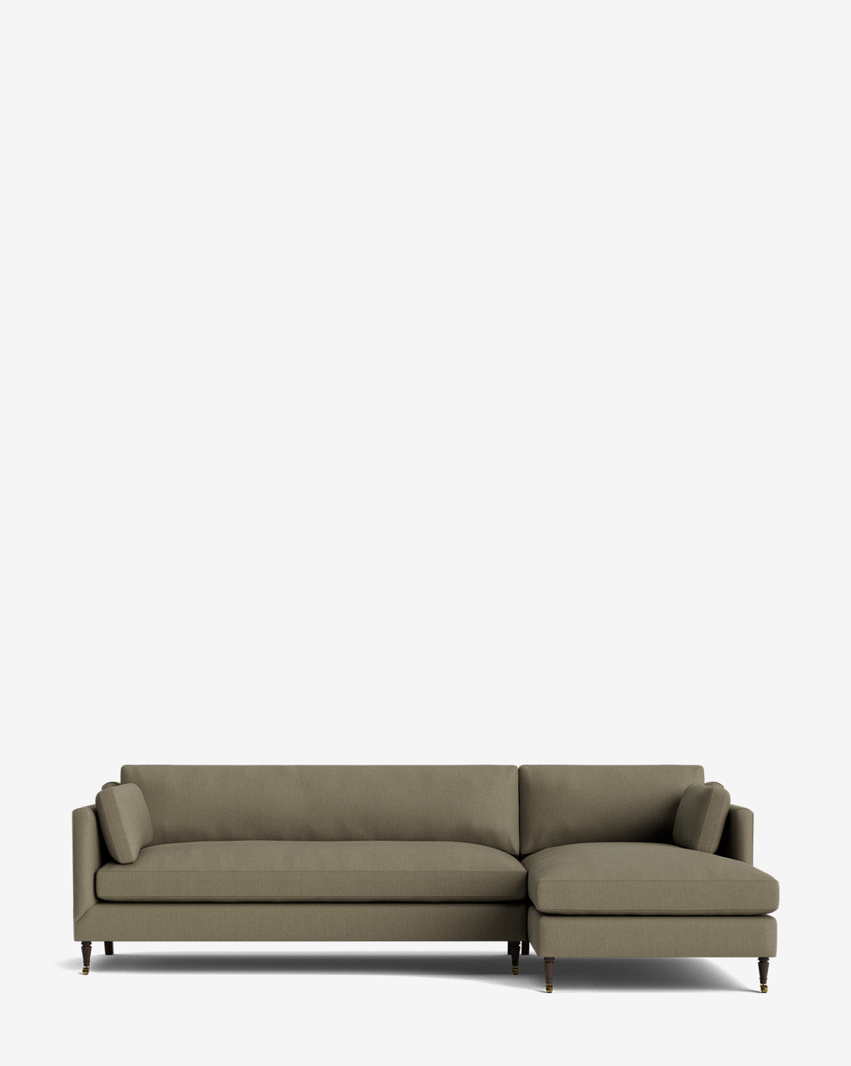 The Haverford Upholstered Right Chaise Sectional 113 features customizable olive green fabric, clean lines, wooden legs, and a right-facing chaise lounge, shown against a plain white background by McGee & Co.