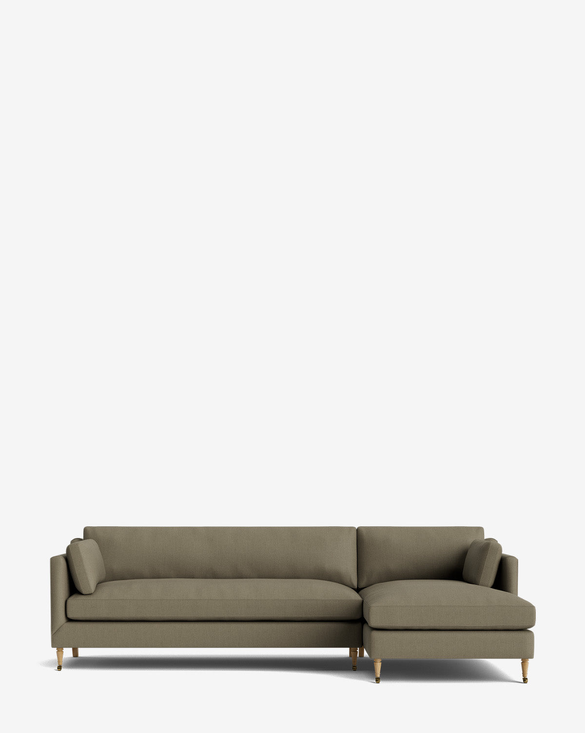 A modern, L-shaped Haverford Upholstered Right Chaise Sectional 113 in olive green with wooden legs and two matching cushions, set against a plain white background—perfect for contemporary spaces, by McGee & Co.