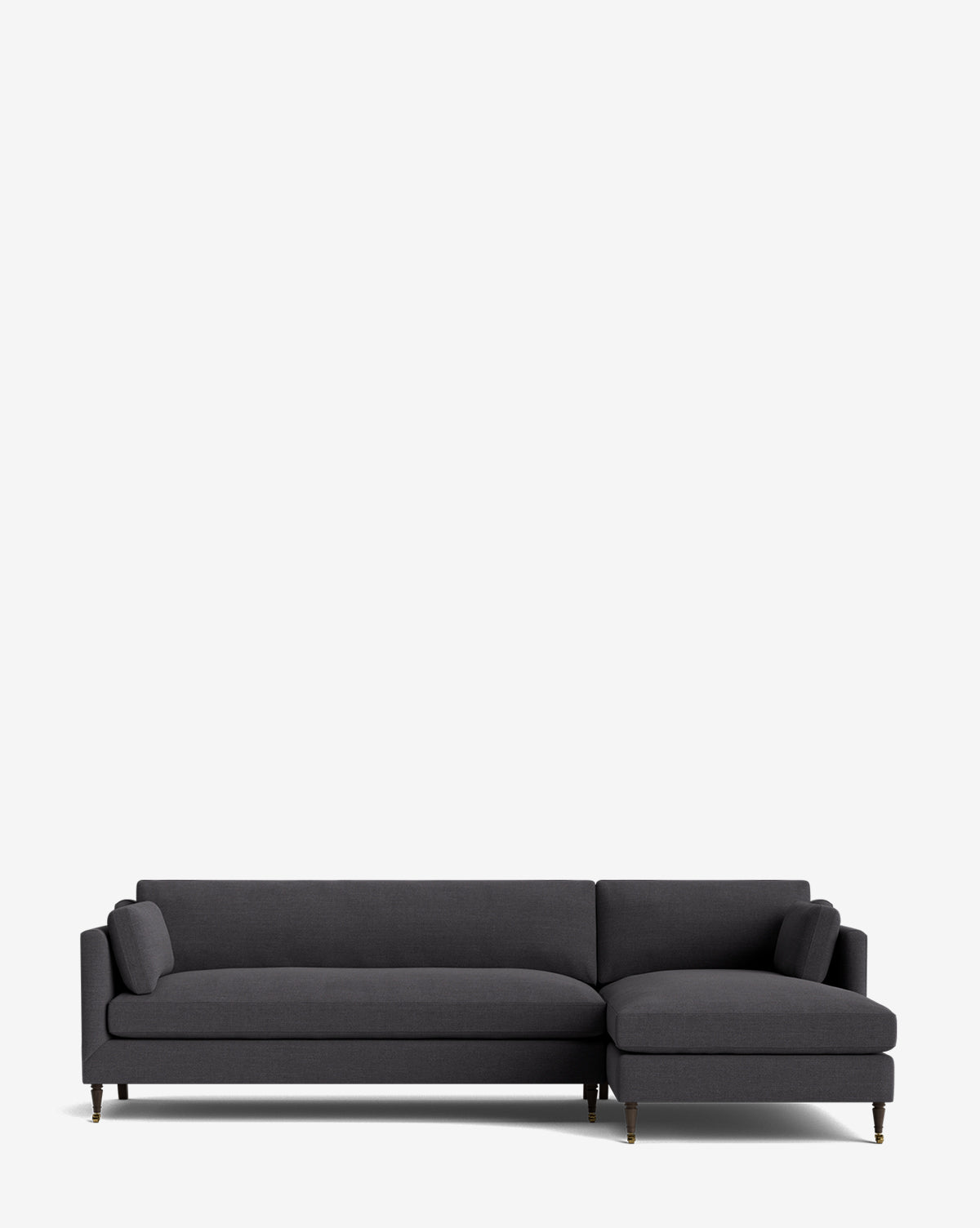 The Haverford Upholstered Right Chaise Sectional by Rowe Fine Furniture features modern dark gray fabric, slim legs, and a right chaise lounge, shown against a plain white background. McGee & Co.