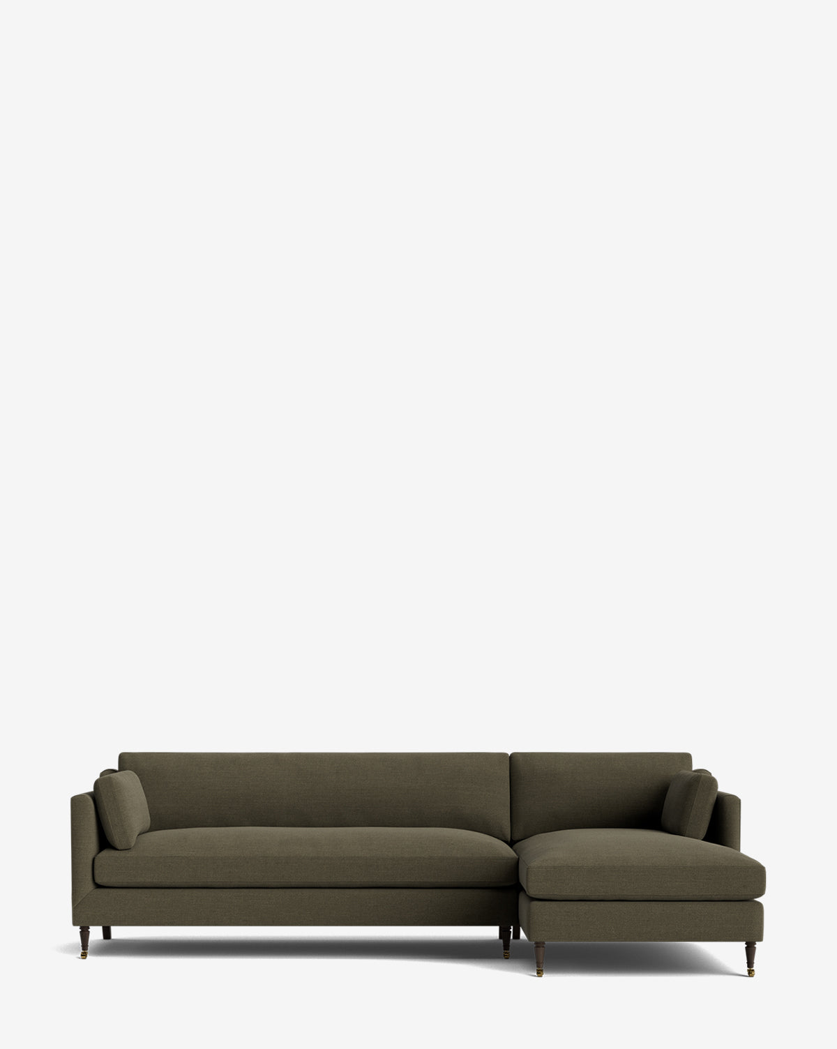 The Haverford Upholstered Right Chaise Sectional by Rowe Fine Furniture features a modern dark olive green fabric, minimalist design, wooden legs with metal caps, and a right-side chaise lounge, shown against a plain white background. McGee & Co.