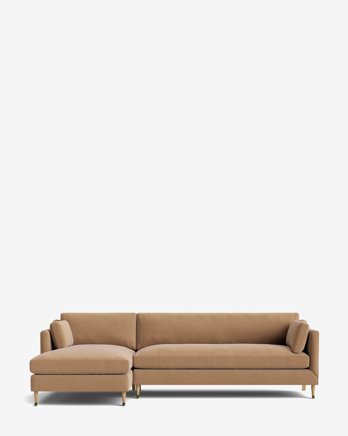 The Haverford Upholstered Left Chaise Sectional features a modern design with clean lines, gold-tipped legs, and customizable options, shown here against a plain white background by McGee & Co.