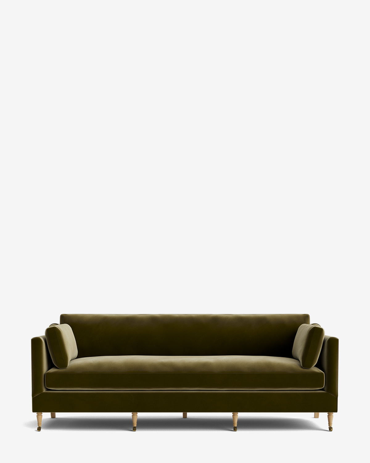 The Haverford Upholstered Sofa 90 in olive green velvet features three seat cushions, two bolster pillows, straight arms, and wooden legs with brass casters—customizable and shown against a plain white background by McGee & Co.