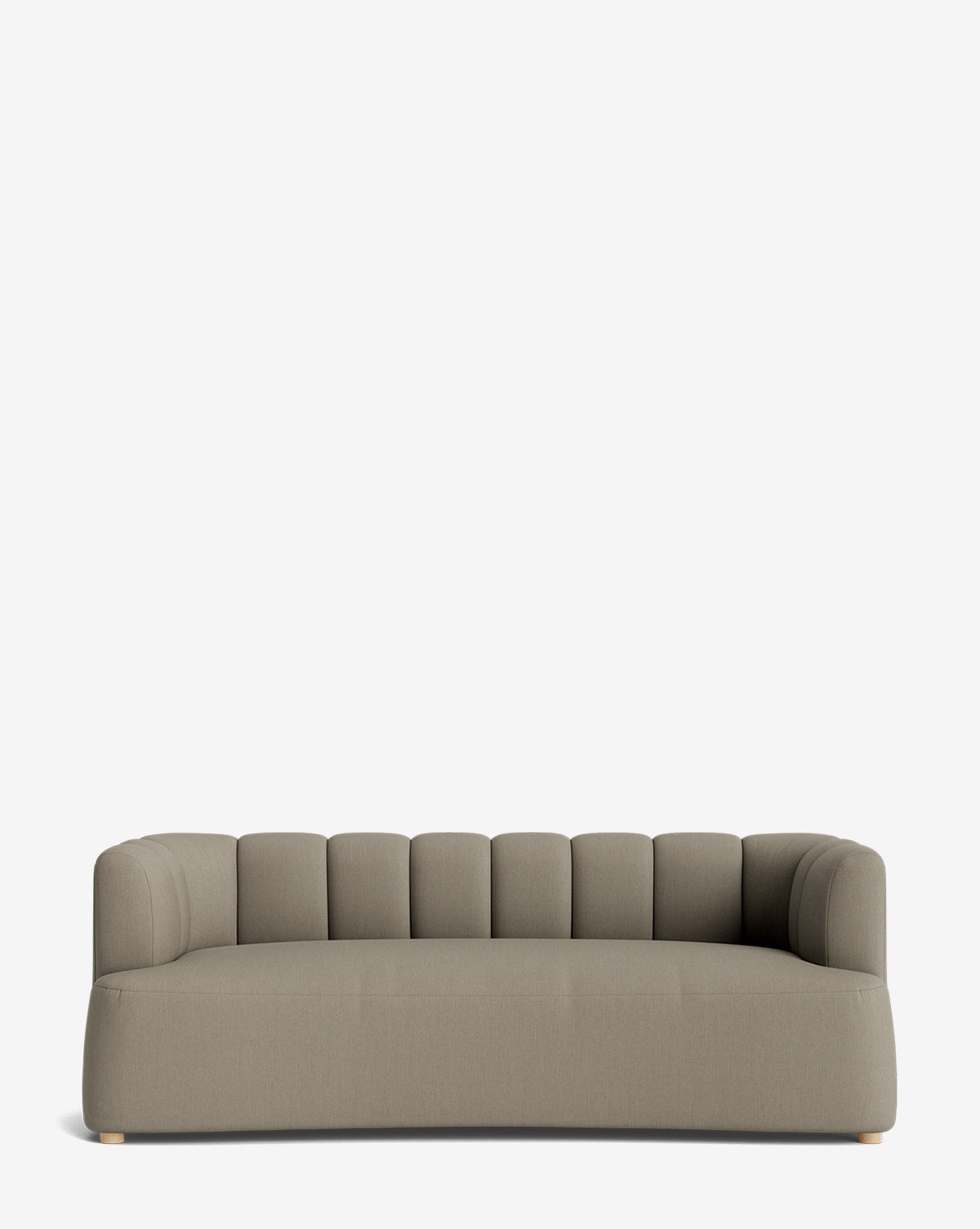 The Ines Sofa 90 is a modern light gray velvet sofa with a tufted scalloped backrest, low arms, minimalist design, and wooden feet, shown against a plain white background by McGee & Co.