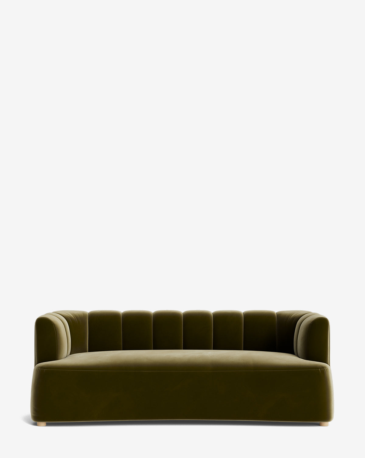 The Ines Sofa 90 is a modern olive green velvet sofa with a low back, vertical channel tufting, and rounded arms, shown on a plain white background by McGee & Co.