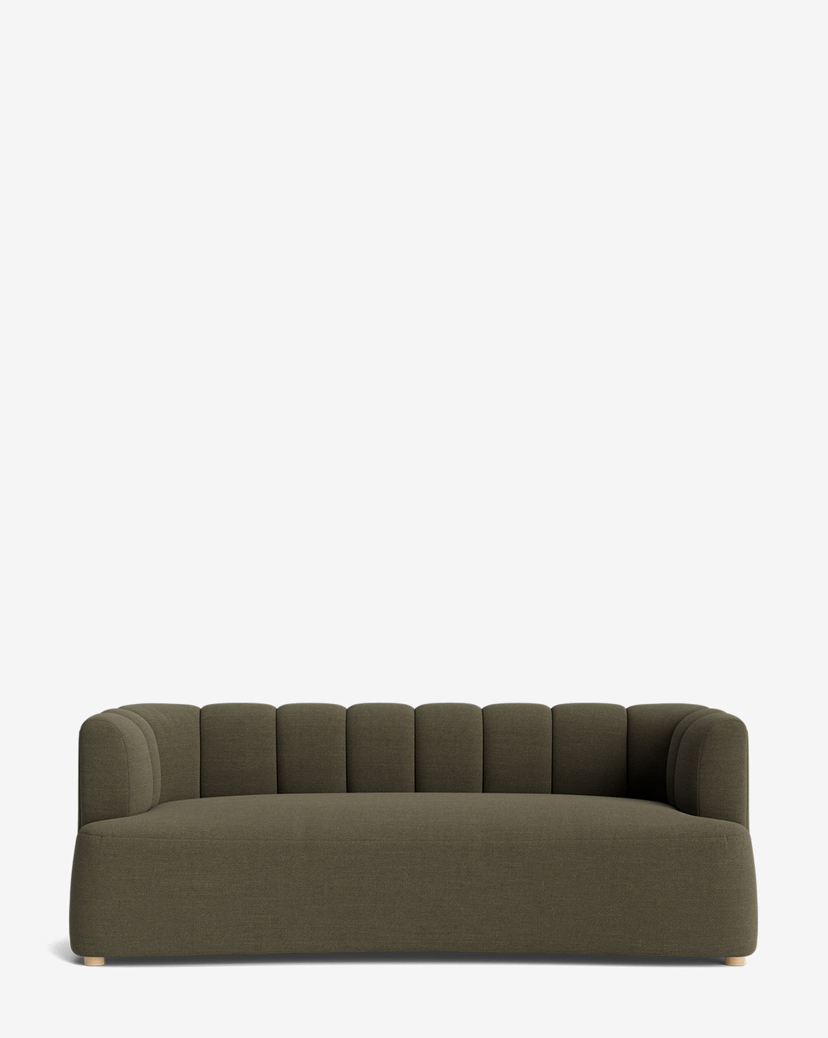 The Ines Sofa 90 is a modern, low-profile olive green velvet sofa featuring rounded edges and vertical tufting on the backrest, displayed against a plain white background by McGee & Co.