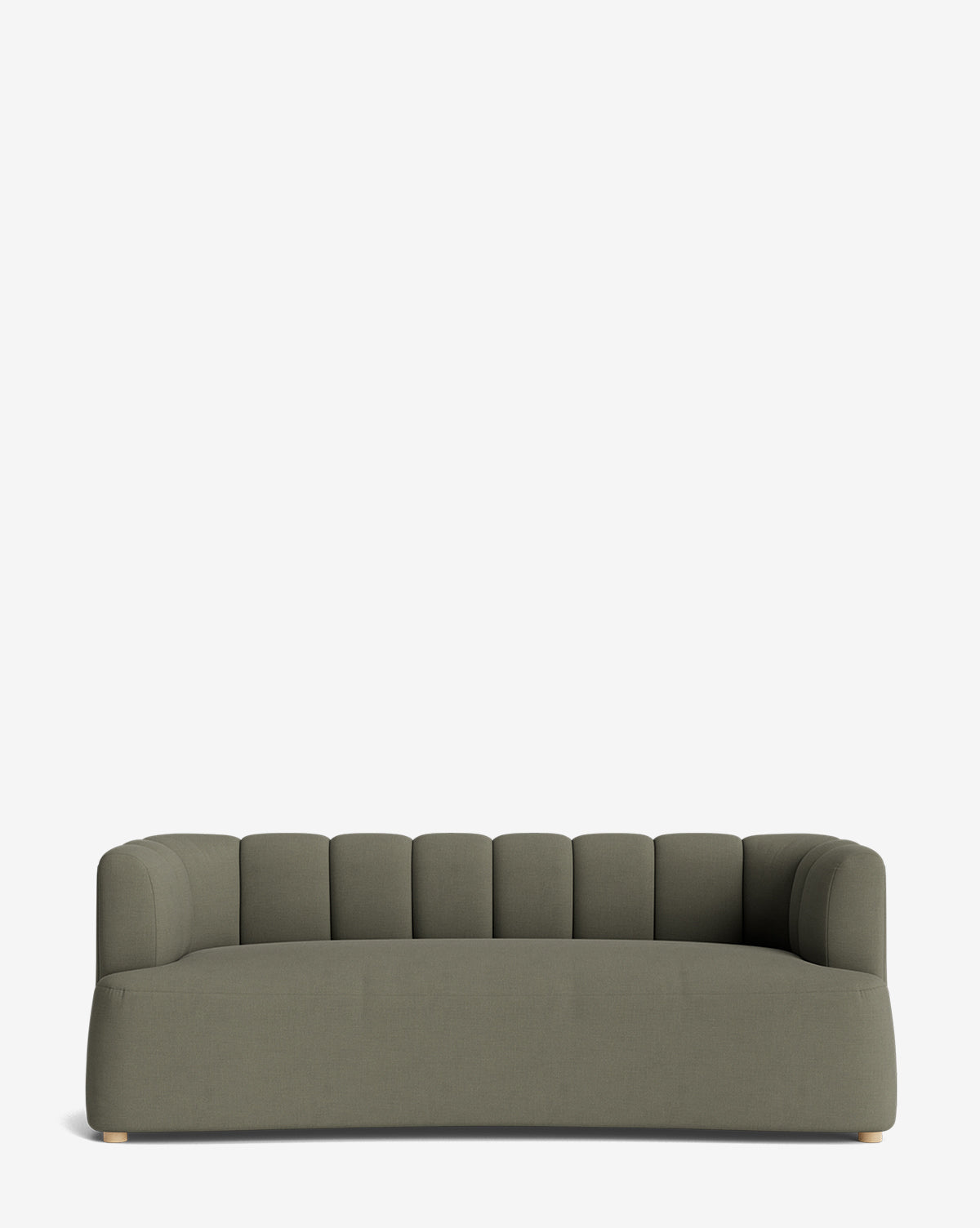 The Ines Sofa 90 features a modern olive-green design with a low back, rounded arms, vertical tufted backrest detailing, and smooth velvet upholstery, shown against a plain white background by McGee & Co.