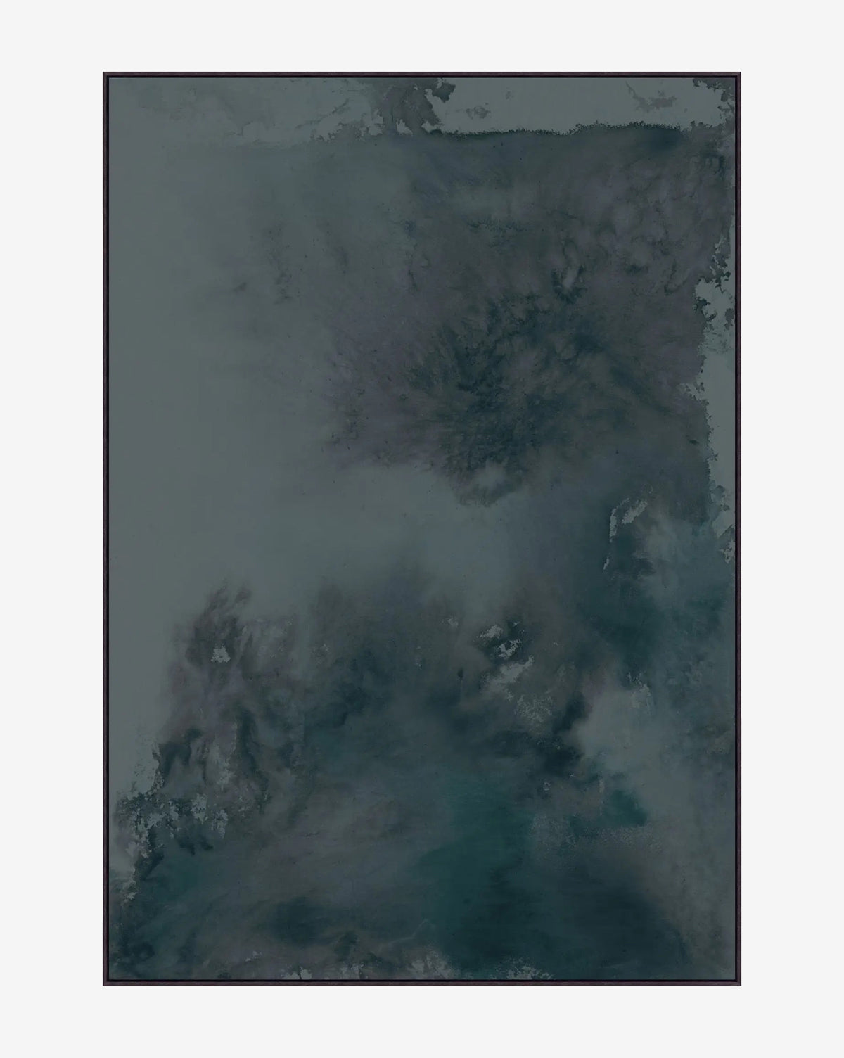 Ink Movement Blue features an abstract blend of dark green, blue, and gray tones with soft textures and subtle contrasts, creating a cloudy effect. The artwork is finished in a thin floater frame for a modern touch, by McGee & Co.