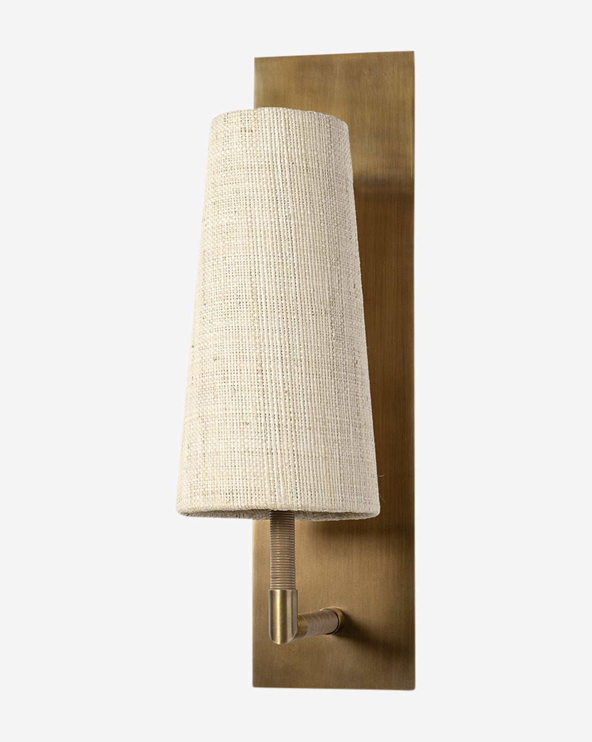 The Palecek Irving Sconce combines a rectangular brass backplate, a cream-toned conical shade, and optional leather-wrapped arms for a sleek, modern touch. McGee & Co.