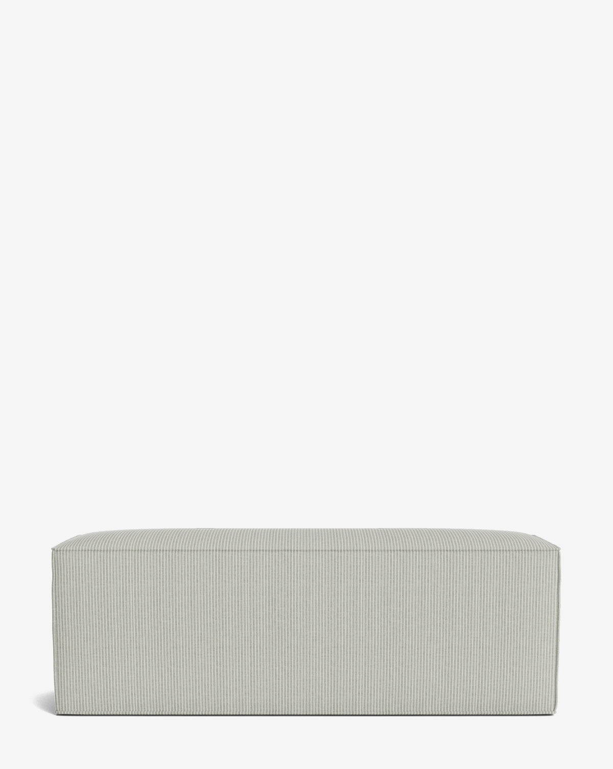 The Johannes Bench is a modern rectangular bench with cushioned seating, upholstered in light gray and white pinstripe fabric, by McGee & Co.