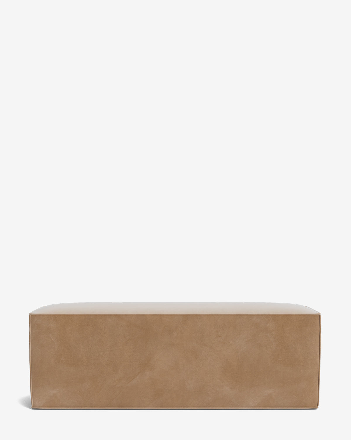 The Johannes Bench is a rectangular, tan suede cushioned bench with clean lines and a minimalist design, shown against a plain white background, by McGee & Co.