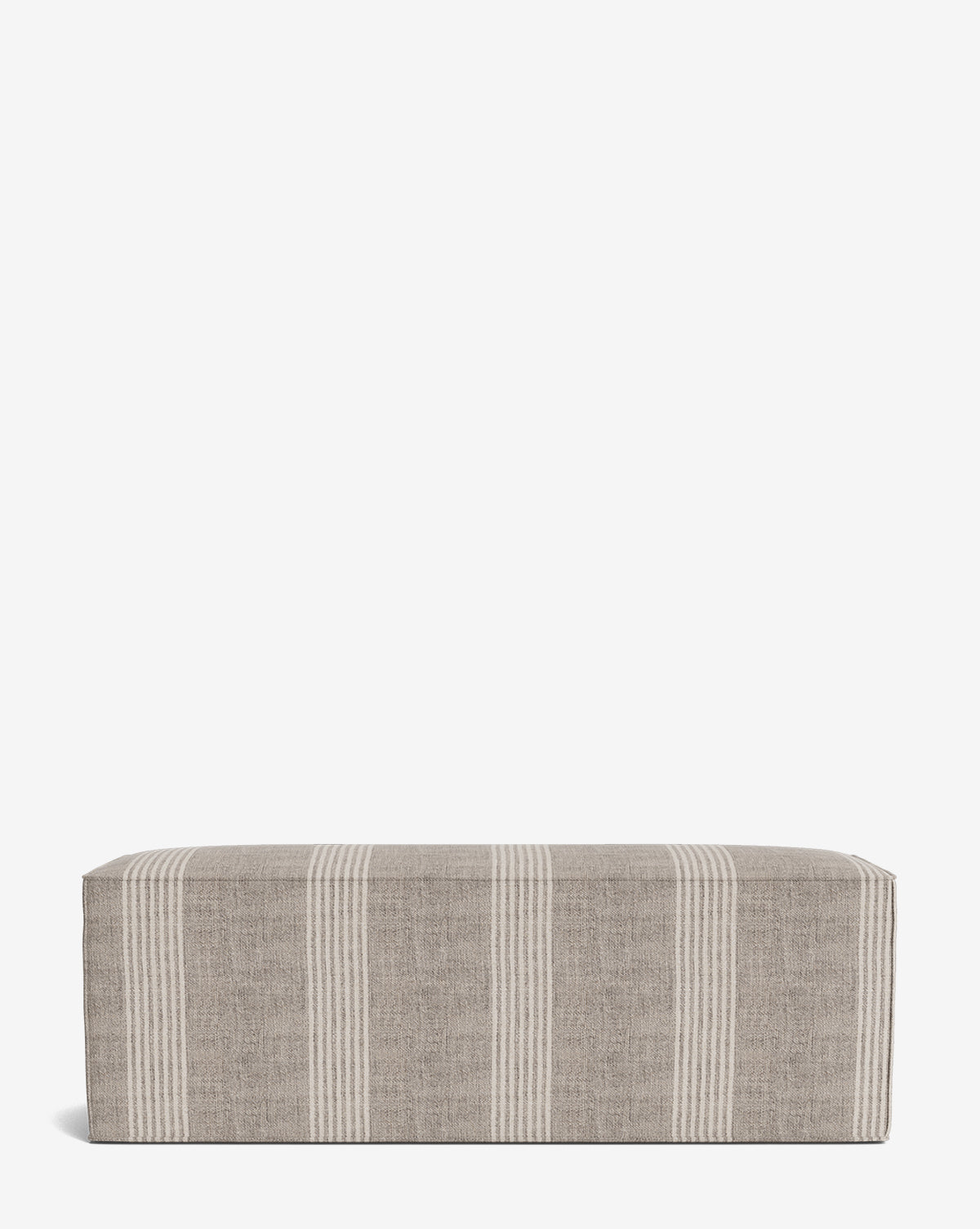 The Johannes Bench is a rectangular cushioned bench with beige and off-white vertical stripes on a plain white background by McGee & Co.