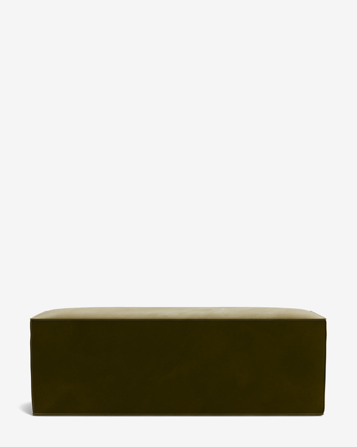 The Johannes Bench is a rectangular olive green cushioned bench with a smooth, minimalist design, showcased against a plain white background by McGee & Co.