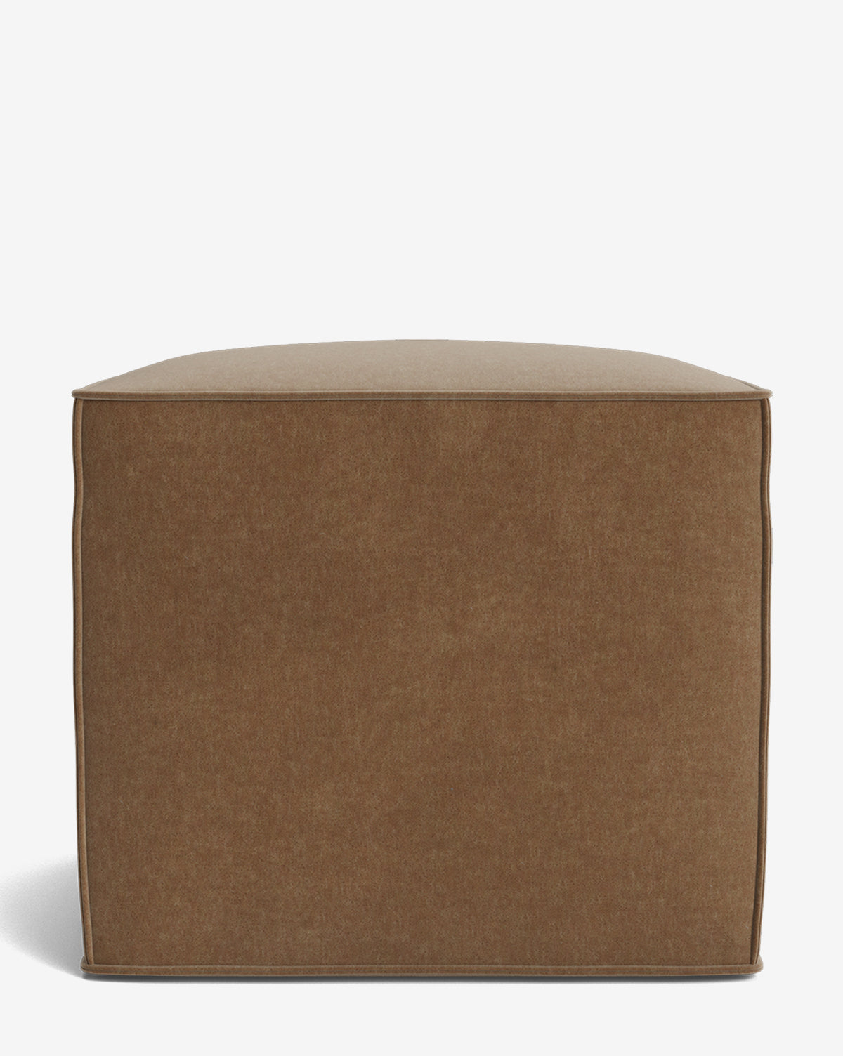 The Johannes Cube is a square brown fabric ottoman featuring visible seam lines and a cushioned seat, displayed on a plain white background by McGee & Co.