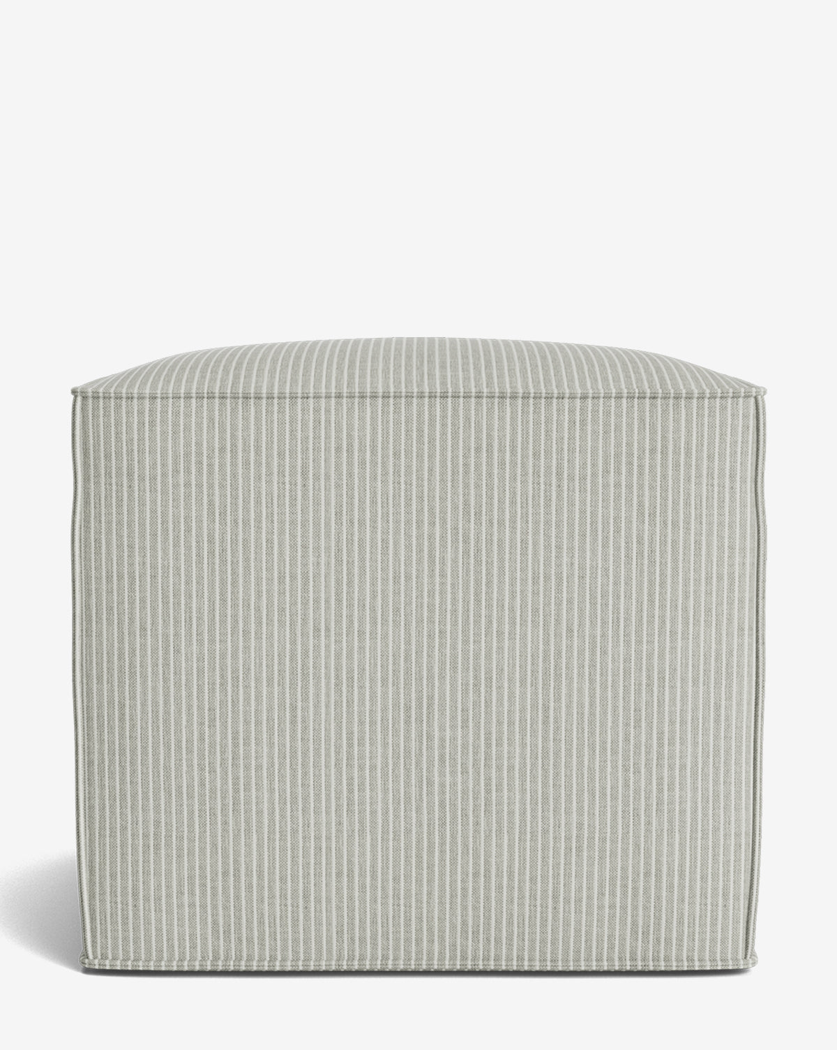 The Johannes Cube is a made-to-order square ottoman with a cushioned seat, upholstered in light gray fabric featuring thin white vertical stripes, shown on a plain white background, by McGee & Co.