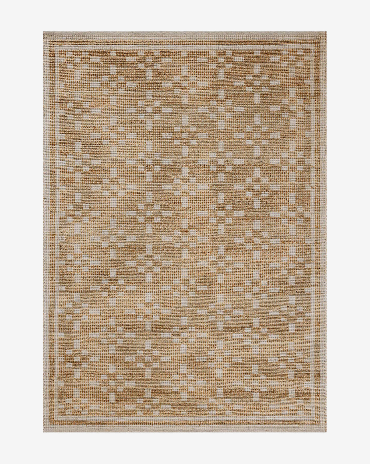 The Judy Ivory Jute Rug Collection No. 7 is a handwoven beige and tan area rug with a repeating diamond and cross geometric pattern, bordered by a simple rectangular frame in a neutral palette, by McGee & Co.