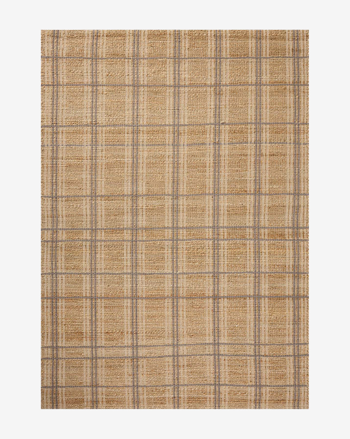 The Judy Jute Rug Collection No. 2 is a square handwoven rug with a tan background and light gray and beige plaid lines—perfect as a neutral accent for any space, by McGee & Co.