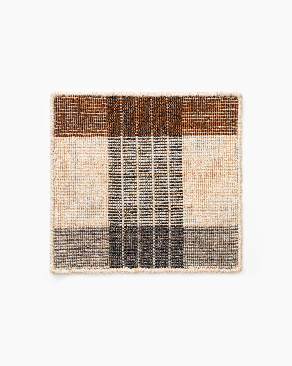 The Keenan Indoor/Outdoor Rug Swatch is a square, handwoven rug with a plaid pattern of horizontal and vertical stripes in brown, beige, and black on a light background by McGee & Co.