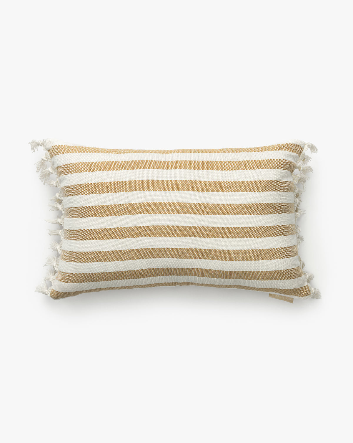 The Kirby Striped Indoor/Outdoor Pillow features horizontal tan and white stripes with white tassels on each corner, adding a durable and stylish accent to any space, by McGee & Co.