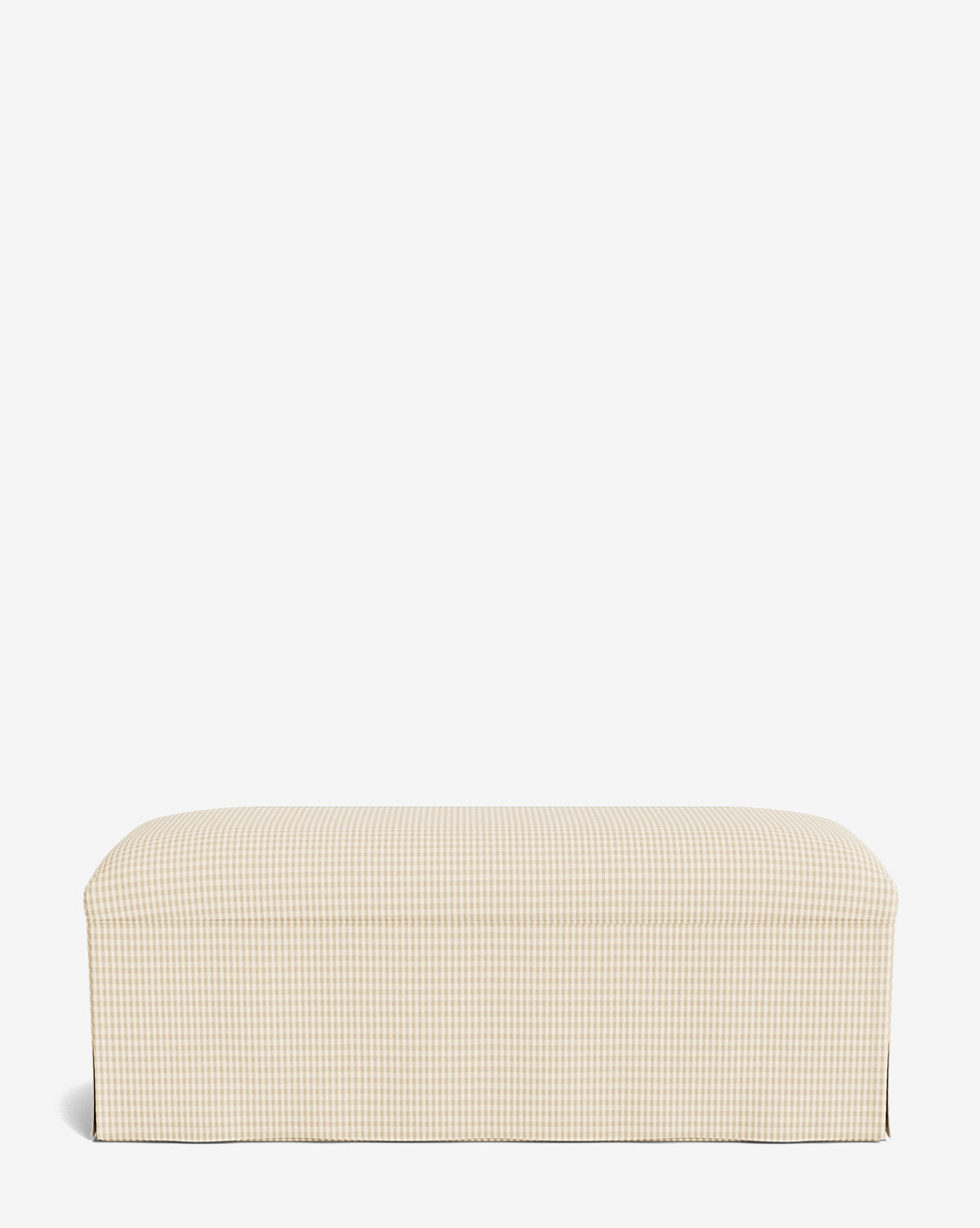 The Makerspalm Latimer Bench is a rectangular accent piece with custom beige and white gingham upholstery and a tailored skirt, shown on a plain white background. McGee & Co.