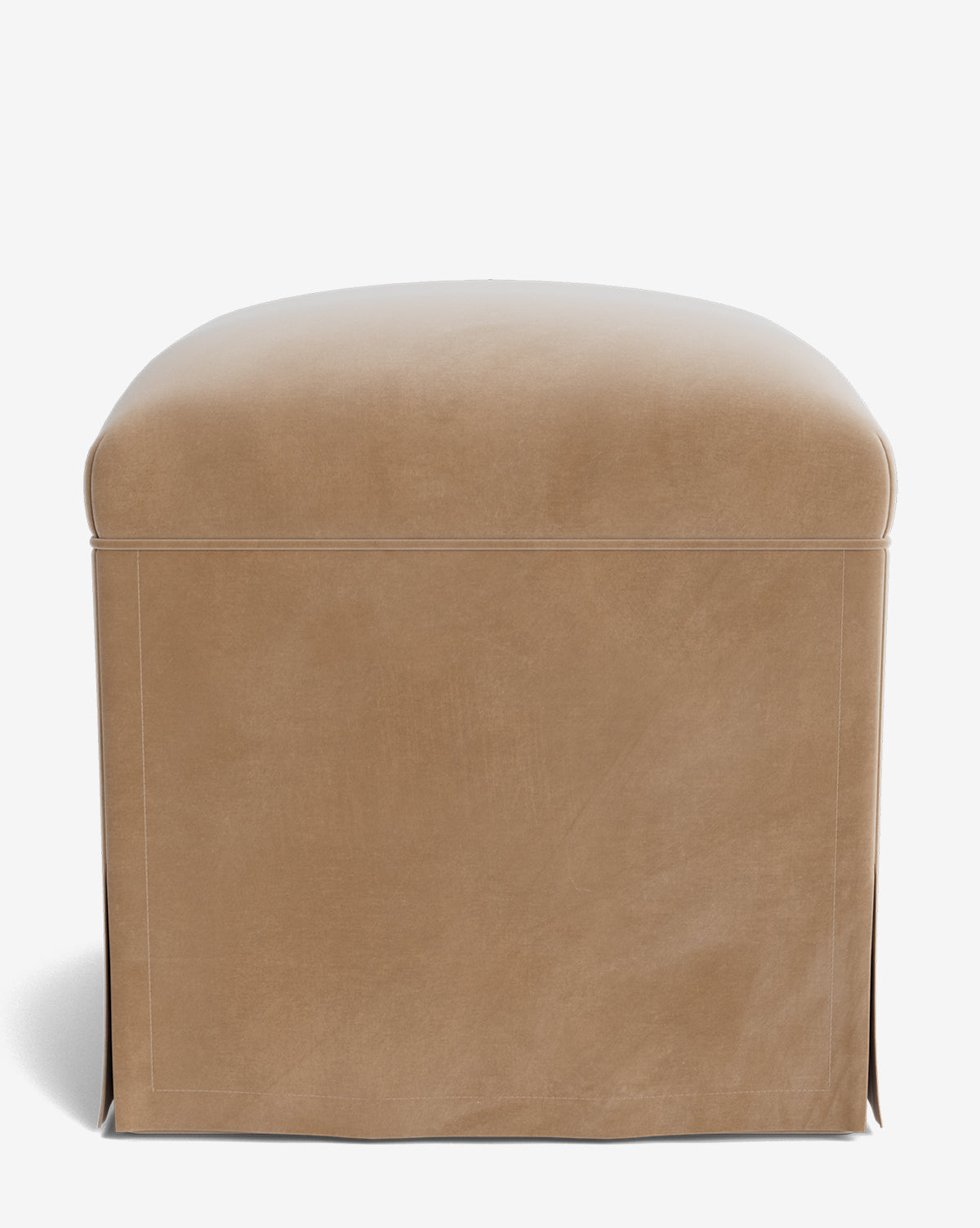 The Makerspalm Latimer Ottoman showcases a beige square design with smooth upholstery, a skirted bottom, and high-quality fabric, styled against a white background. McGee & Co.