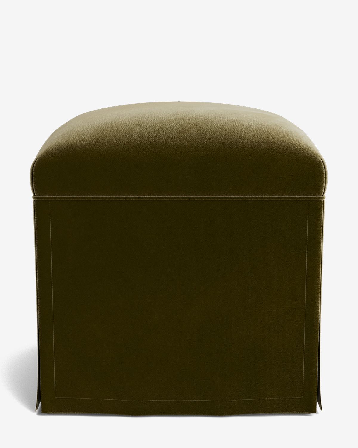 The Makerspalm Latimer Ottoman is a square, dark olive green ottoman with a smooth upholstered top and simple skirted sides, shown against a white background. McGee & Co.