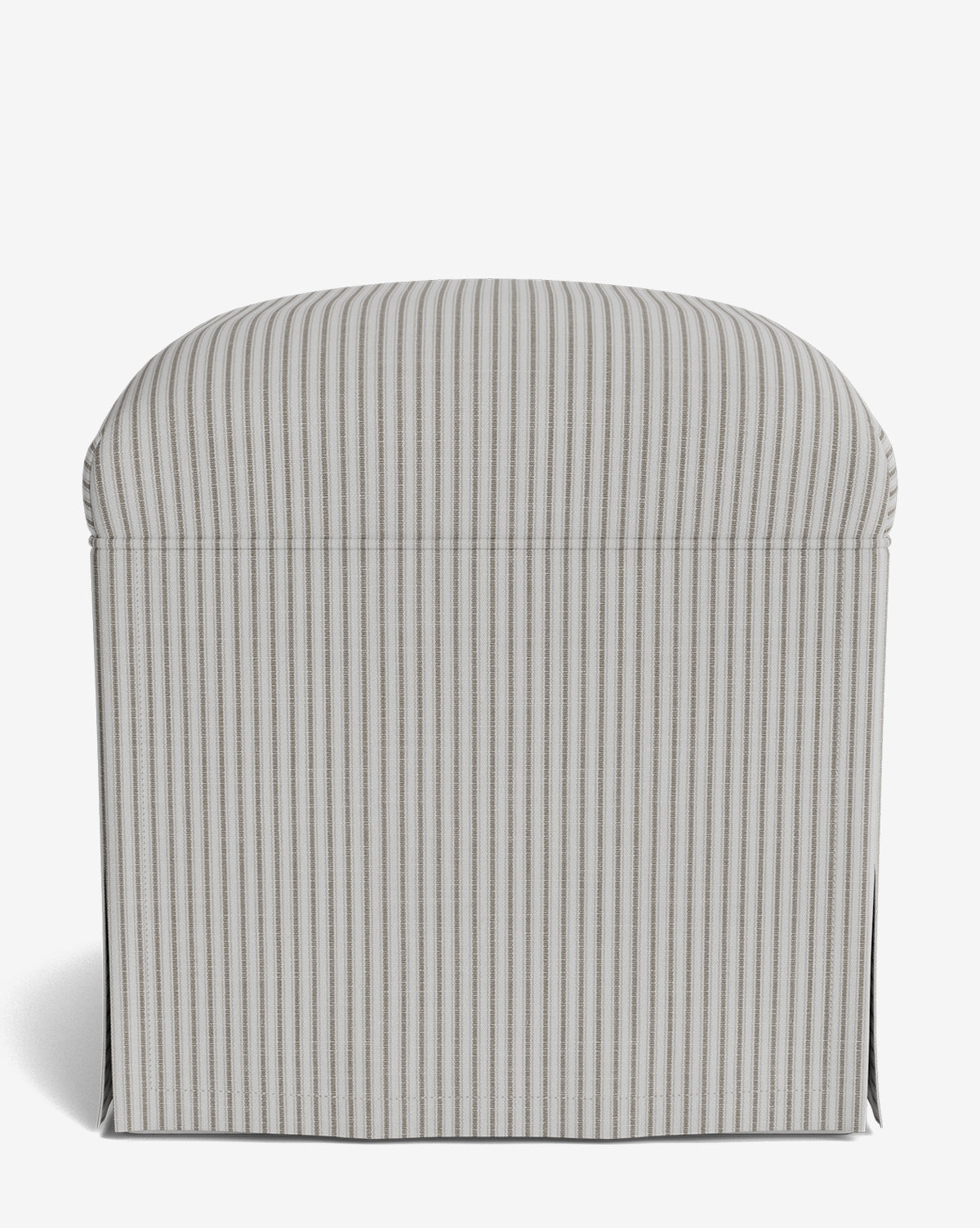 A front view of the Makerspalm Latimer Ottoman highlights its rounded top and skirted base, featuring vertical beige and white stripes in high-quality fabric upholstery by McGee & Co.