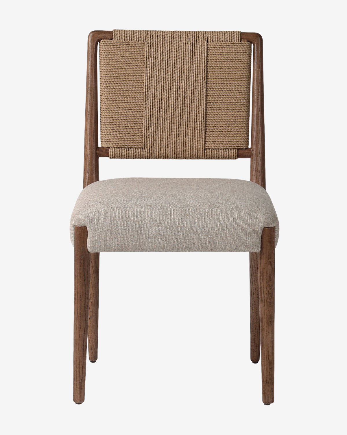 Front view of the Leola Dining Chair, featuring an oak frame, beige upholstered seat, and woven rush seat back in a simple, minimalist design by McGee & Co.