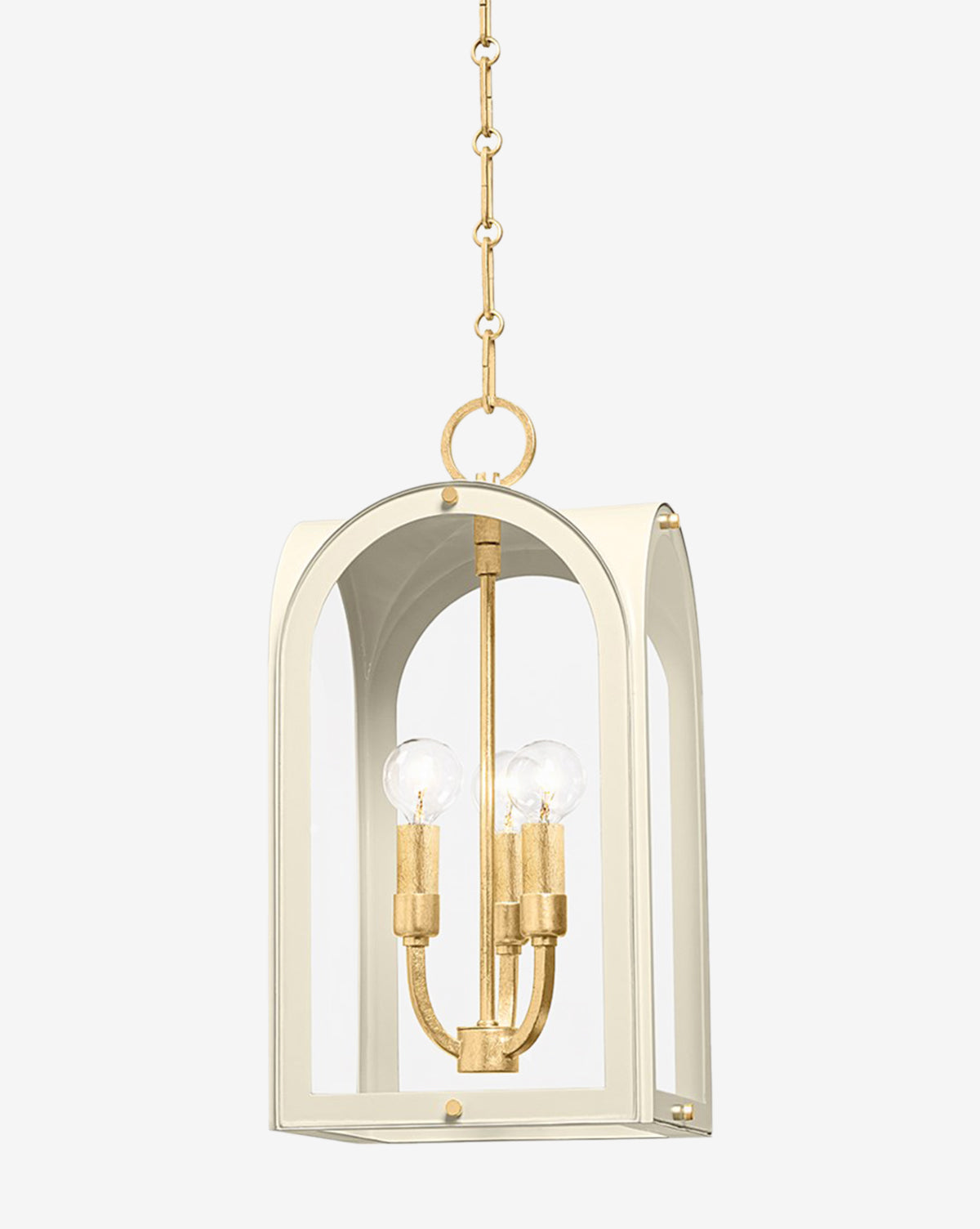 The Lincroft Lantern is a pendant light with a vintage gold leaf chain, a white arched frame, and three exposed candelabra bulbs on gold holders inside, by McGee & Co.