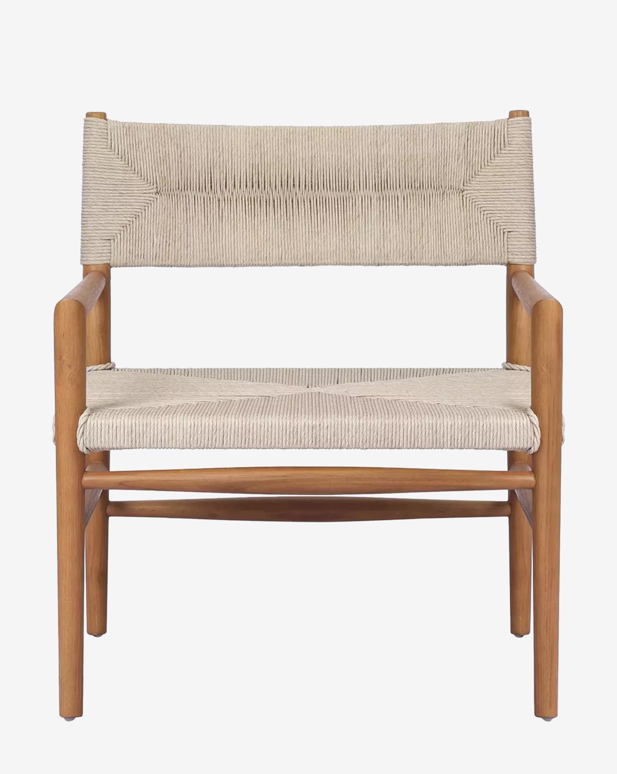 The Lockridge Outdoor Chair, shown from the front on a plain white background, features a teak frame, woven rope seat and backrest, and straight armrests and legs, by McGee & Co.