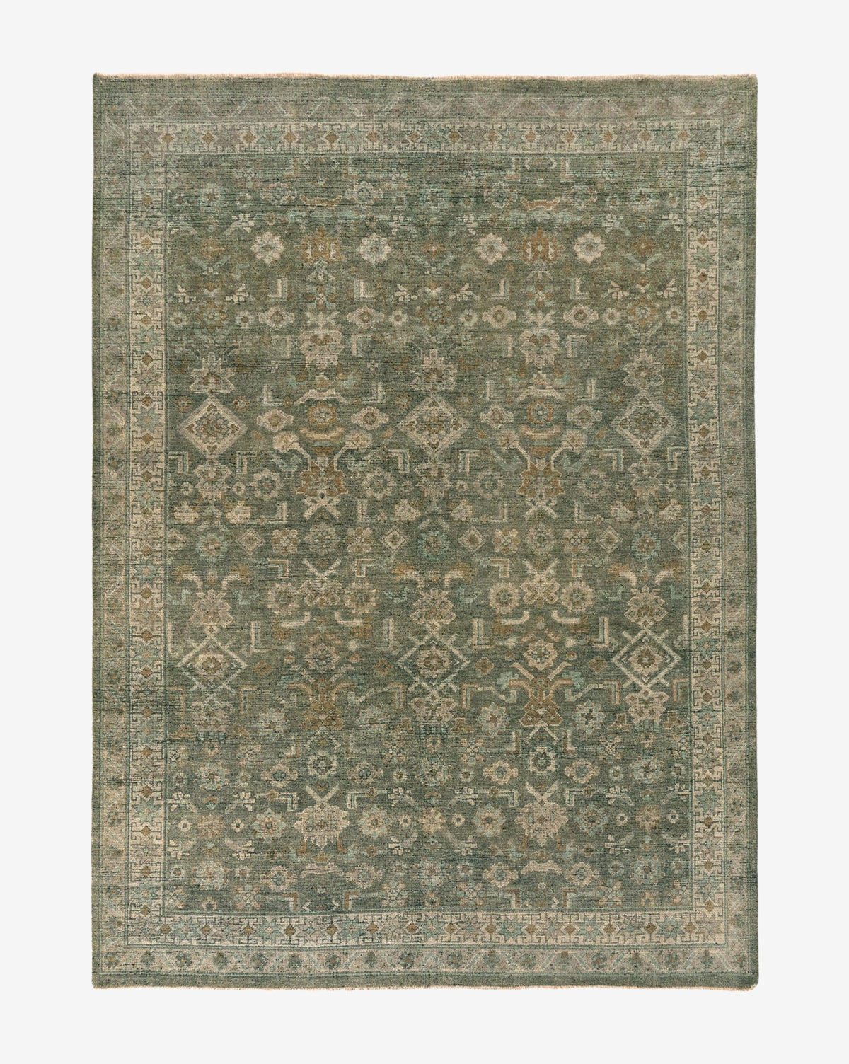 The Loreo Hand-Knotted Wool Rug is a rectangular rug featuring an intricate, traditional pattern in muted green, beige, and brown, with a decorative border and geometric motifs throughout, by McGee & Co.